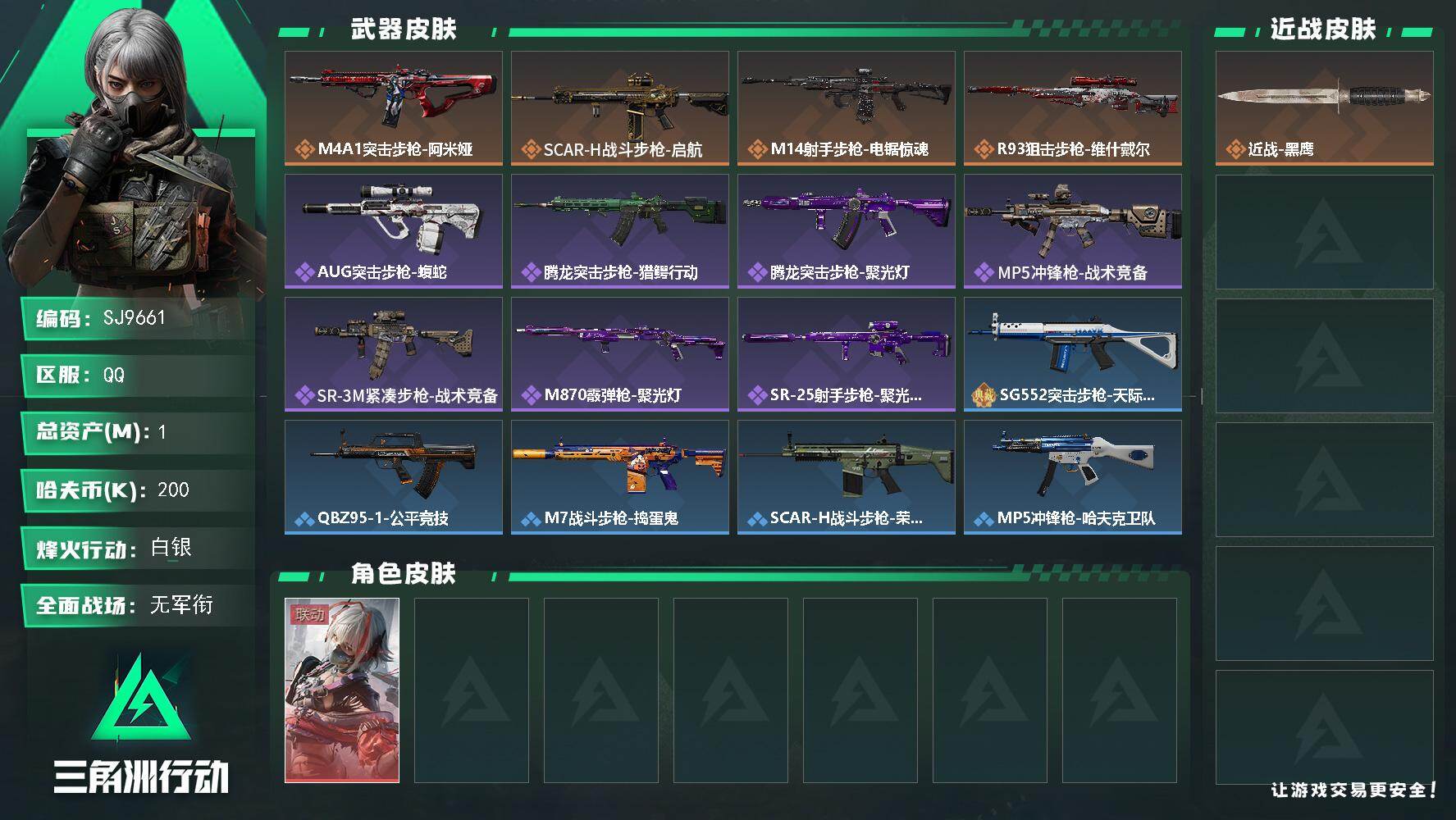 三角洲行动账号QQPX_2555445-【SJ9661】总资产(M)：1M/哈夫币(K)：200K/哈夫币(K)：200K/传说枪皮数：4/全面战场等级：1_段位：无段位/烽火地带等级：29_段位：白银/骇爪