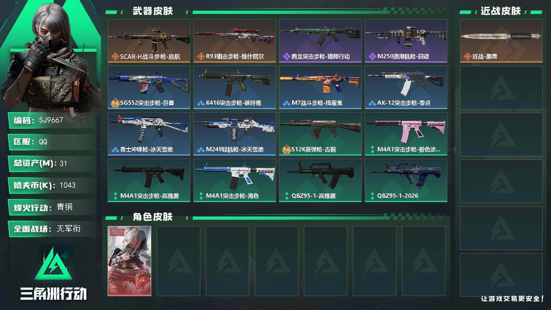 三角洲行动账号QQ【SJ9667】总资产(M)：31M/哈夫币(K)：1043K/哈夫币(K)：1043K/传说枪皮数：2/全面战场等级：1_段位：无段位/烽火地带等级：24_段位：青铜/骇爪-维什戴尔/近战-黑鹰/
