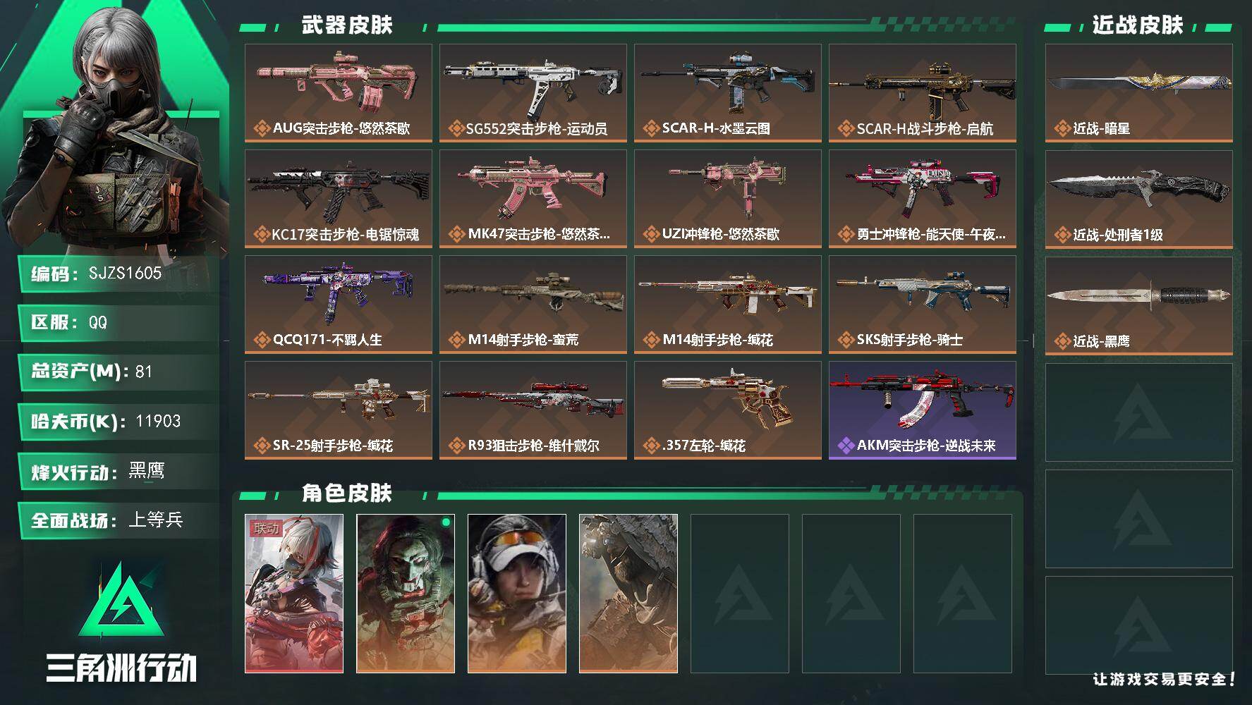 三角洲行动账号QQ【SJZS1605】总资产(M)：81M/哈夫币(K)：11903K/哈夫币(K)：11903K/传说枪皮数：15/全面战场等级：20_段位：上等兵/烽火地带等级：60_段位：黑鹰/骇爪-维什戴尔/