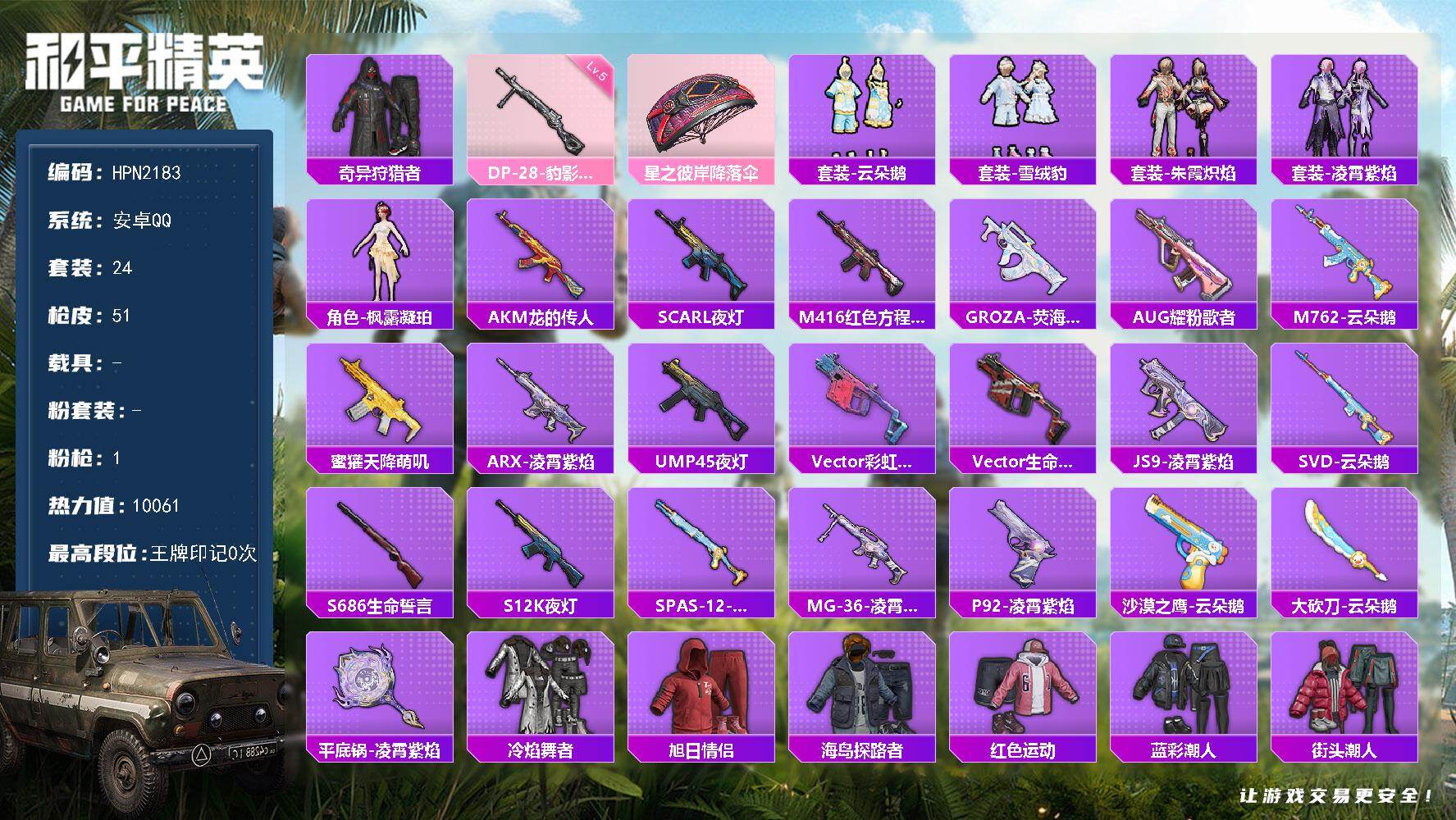 和平精英账号安卓QQ【HPN2183】24套装/枪械1/装备49/战备38/热力值10061/五级DP-28-豹影疾电/奇异狩猎者/DP-28-豹影疾电/星之彼岸降落伞/套装-云朵鹅/套装-雪绒豹/套装-朱霞炽焰/套装