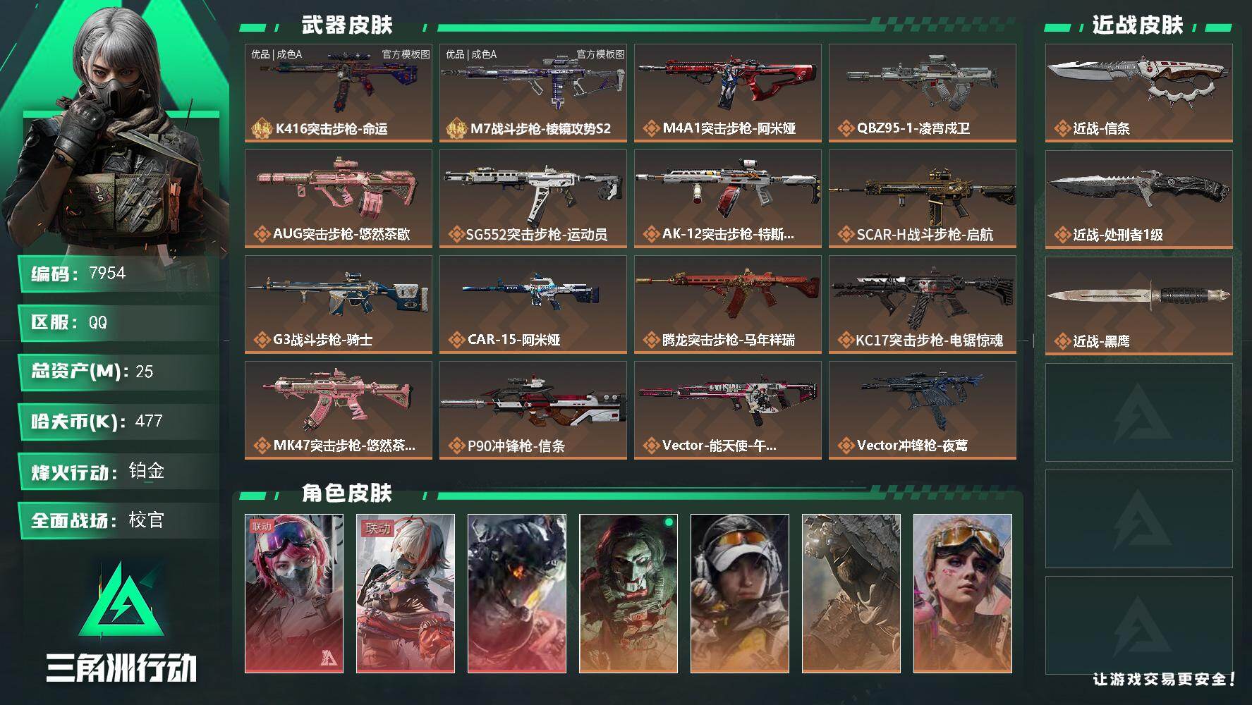 三角洲行动账号QQ总资产25M/哈夫币47万/传说近战数1/传说枪皮数30/战场等级50/行动等级60/安全箱等时效性道具以游戏内数据为准，详情请看图/蛊-能天使·午夜邮差/骇爪-维什戴尔/威龙-凌霄戍卫/红狼-电锯惊