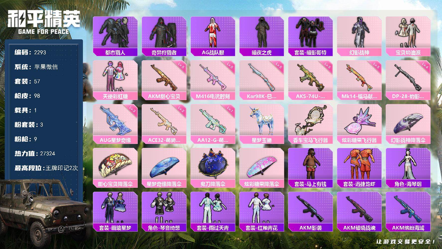 和平精英账号苹果微信【2293】【身法素材号·3粉装9特效枪·星梦奇缘·都市猎人·1载具】苹果 微信-3粉装-9特效枪-1载具-3粉色飞行器-27324热力值-2王牌印记-57套装-98枪皮
【热门品类】：套装-都市猎人