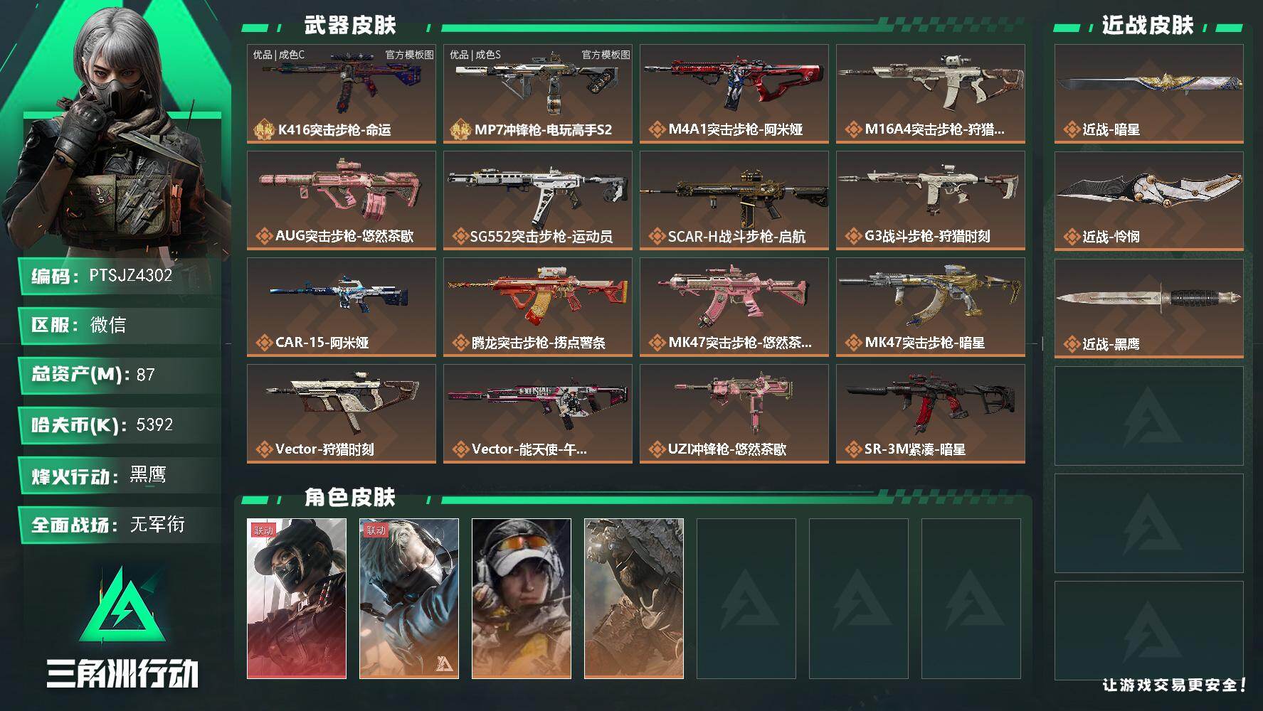 三角洲行动账号VX【PTSJZ4302】总资产(M)：87M/哈夫币(K)：5392K/哈夫币(K)：5392K/传说