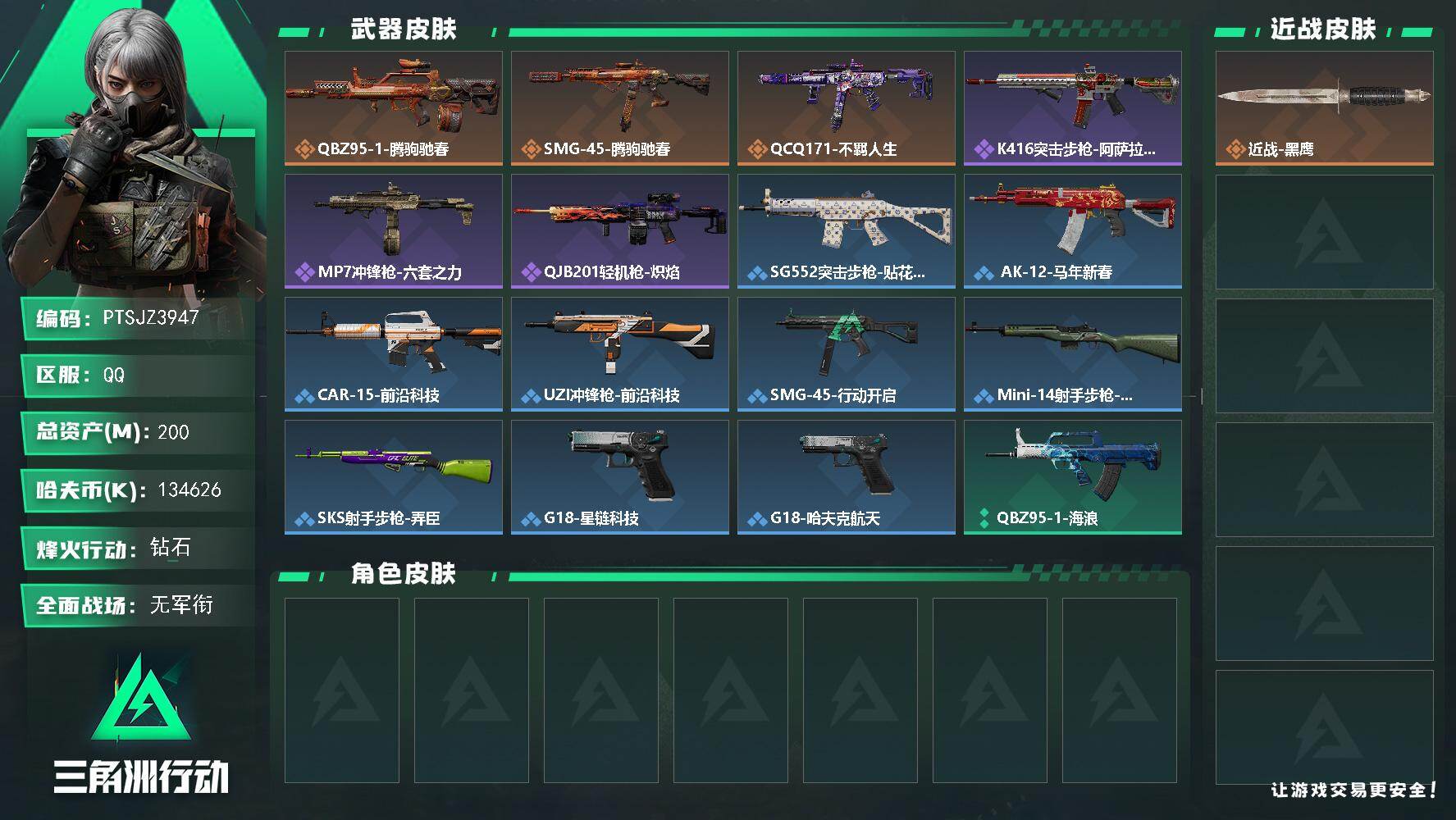 三角洲行动账号QQ【PTSJZ3947】总资产(M)：200M/哈夫币(K)：134626K/哈夫币(K)：13462