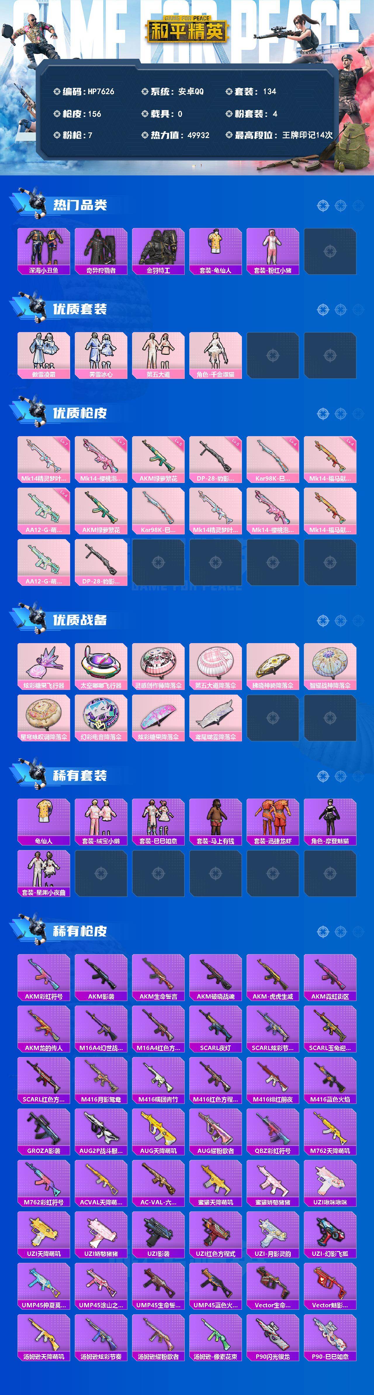 和平精英账号安卓QQ（4粉套7粉枪）地铁满天赋/奇异狩猎者/粉红小猪/傲雪凌霜/霁雪冰心/第五大道/千金淑猫/AKM绿萝繁花五级/Kar98K巳巳如意四级/Mk14精灵梦叶罗丽七级/Mk14樱桃泡泡七级/Mk14福马献瑞