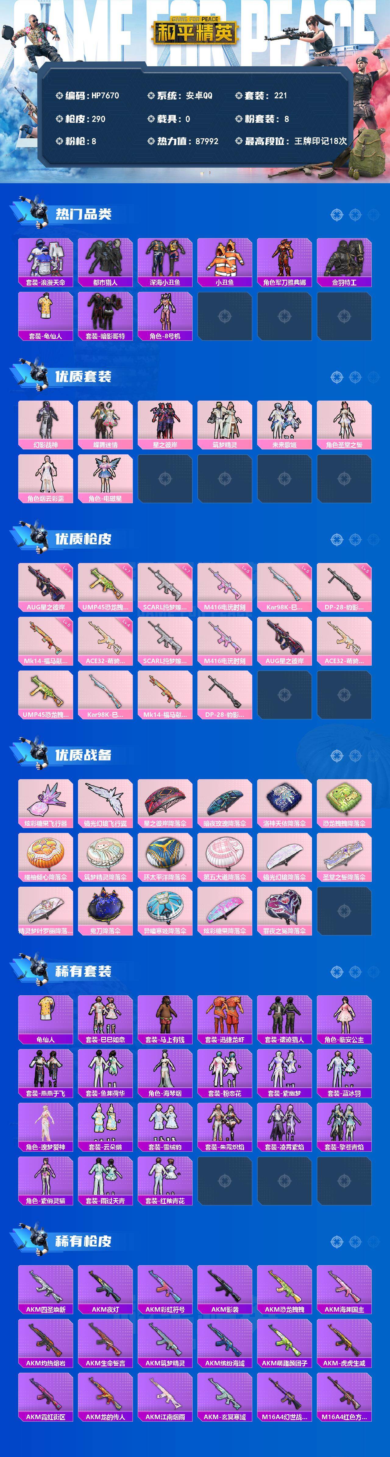 和平精英账号安卓QQ（8粉套8粉枪）地铁马上满天赋/都市/浪漫天命/暗影哥特/幻影战神/蝶舞迷情/星之彼岸/筑梦精灵/未来歌姬/圣堂之誓/烟云彩露/电磁星/SCARL纯梦嫁纱七级/M416电玩时刻五级/AUG星之彼岸七级