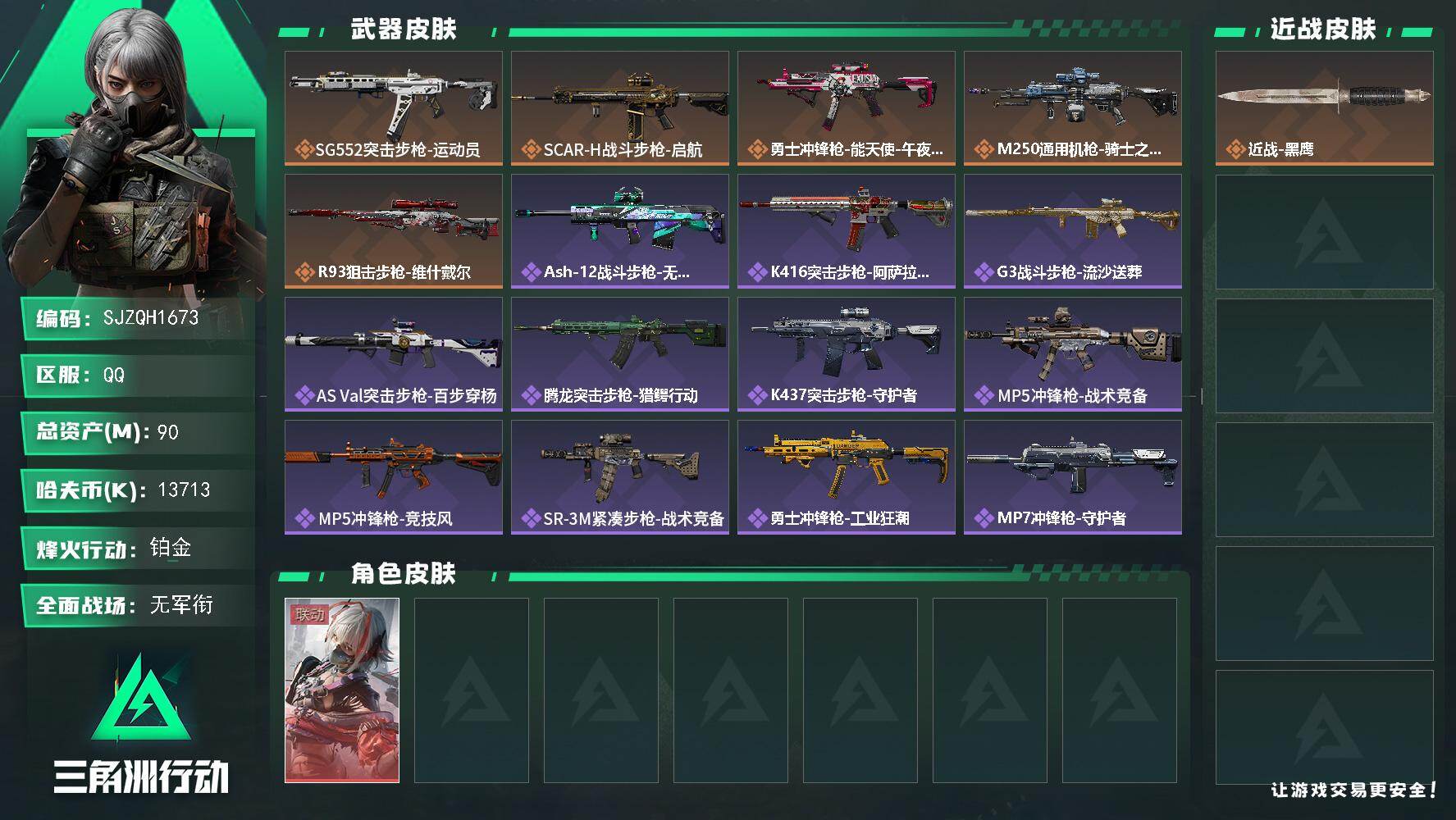 三角洲行动账号QQ【SJZQH1673】总资产(M)：90M/哈夫币(K)：13713K/哈夫币(K)：13713K/