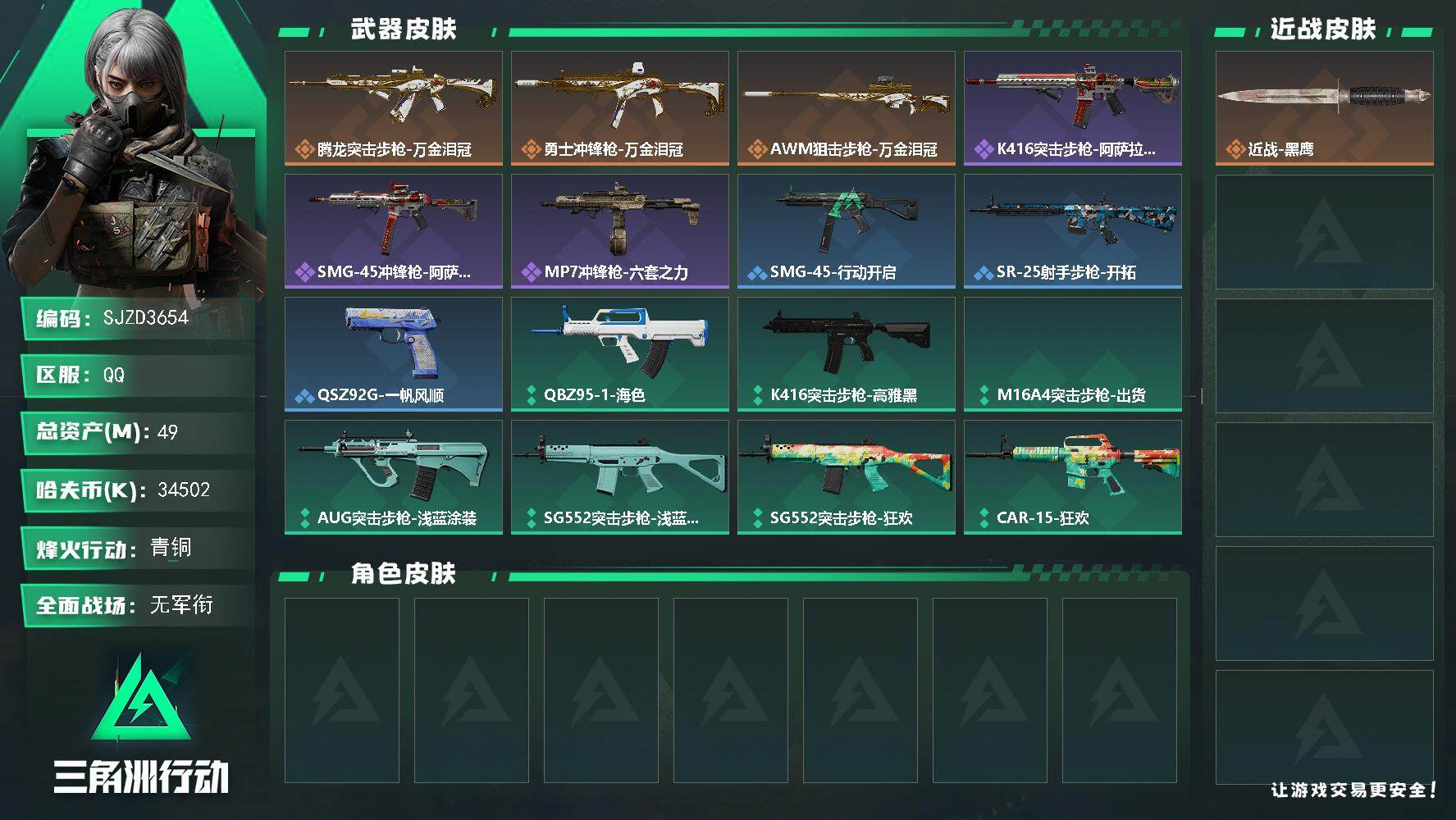 三角洲行动账号QQ【SJZD3654】总资产(M)：49M/哈夫币(K)：34502K/哈夫币(K)：34502K/传说枪皮数：3/全面战场等级：1_段位：无段位/烽火地带等级：38_段位：青铜/近战-黑鹰/腾龙突击