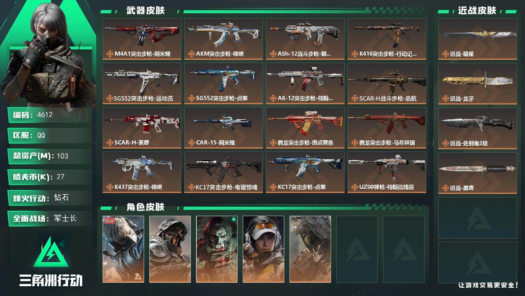 三角洲行动账号QQPX_2556083-103m总资产-27k哈夫币-60烽火等级-钻石-50战场等级-军士长
【干员外观】：蜂医-送葬人·无题密令，深蓝-不破誓约，红狼-电锯惊魂，露娜-金牌射手，乌鲁鲁-荒