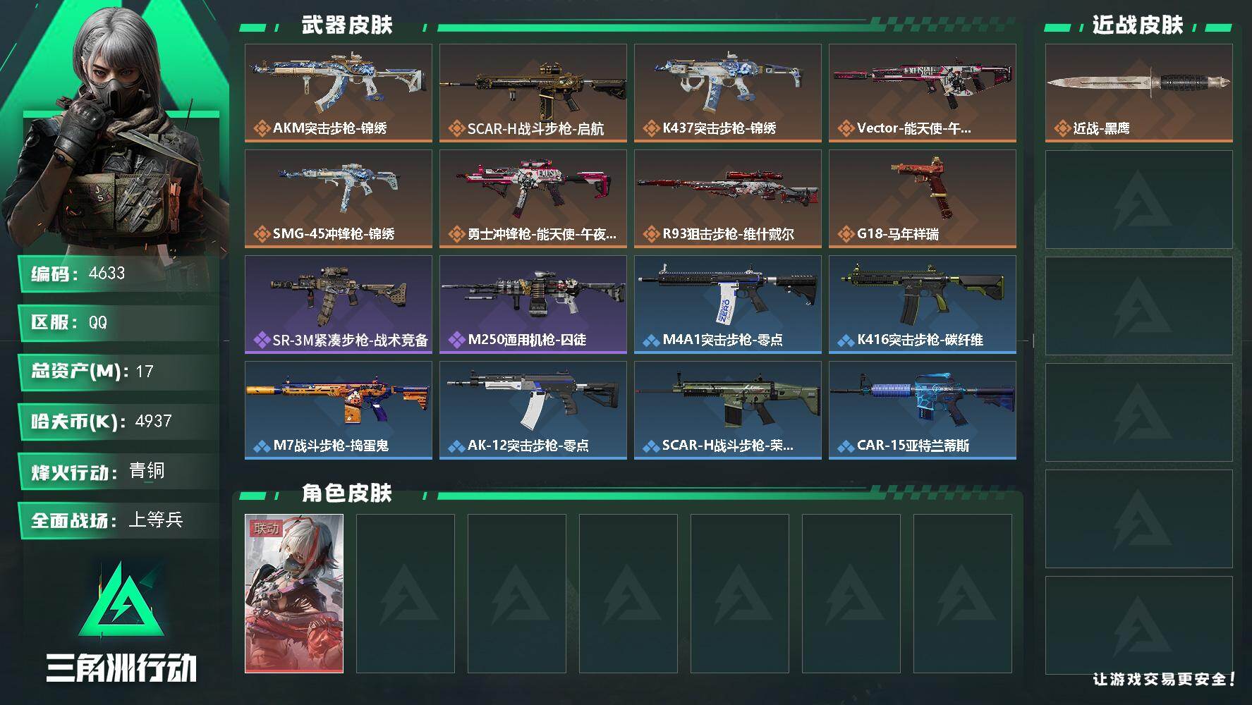 三角洲行动账号QQPX_2556248-17m总资产-4937k哈夫币-10烽火等级-青铜-20战场等级-上等兵
【干员外观】：骇爪-维什戴尔
【近战皮肤】：近战-黑鹰
【传说外观】：AKM突击步枪-锦绣，S