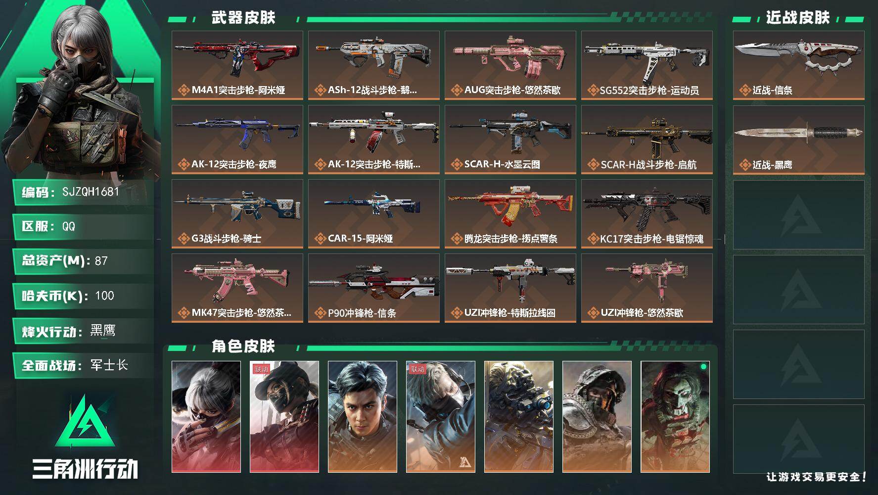 三角洲行动账号QQ【SJZQH1681】总资产(M)：87M/哈夫币(K)：100K/哈夫币(K)：100K/传说枪皮数：34/全面战场等级：50_段位：军士长/烽火地带等级：60_段位：黑鹰/骇爪-水墨云图/露娜-