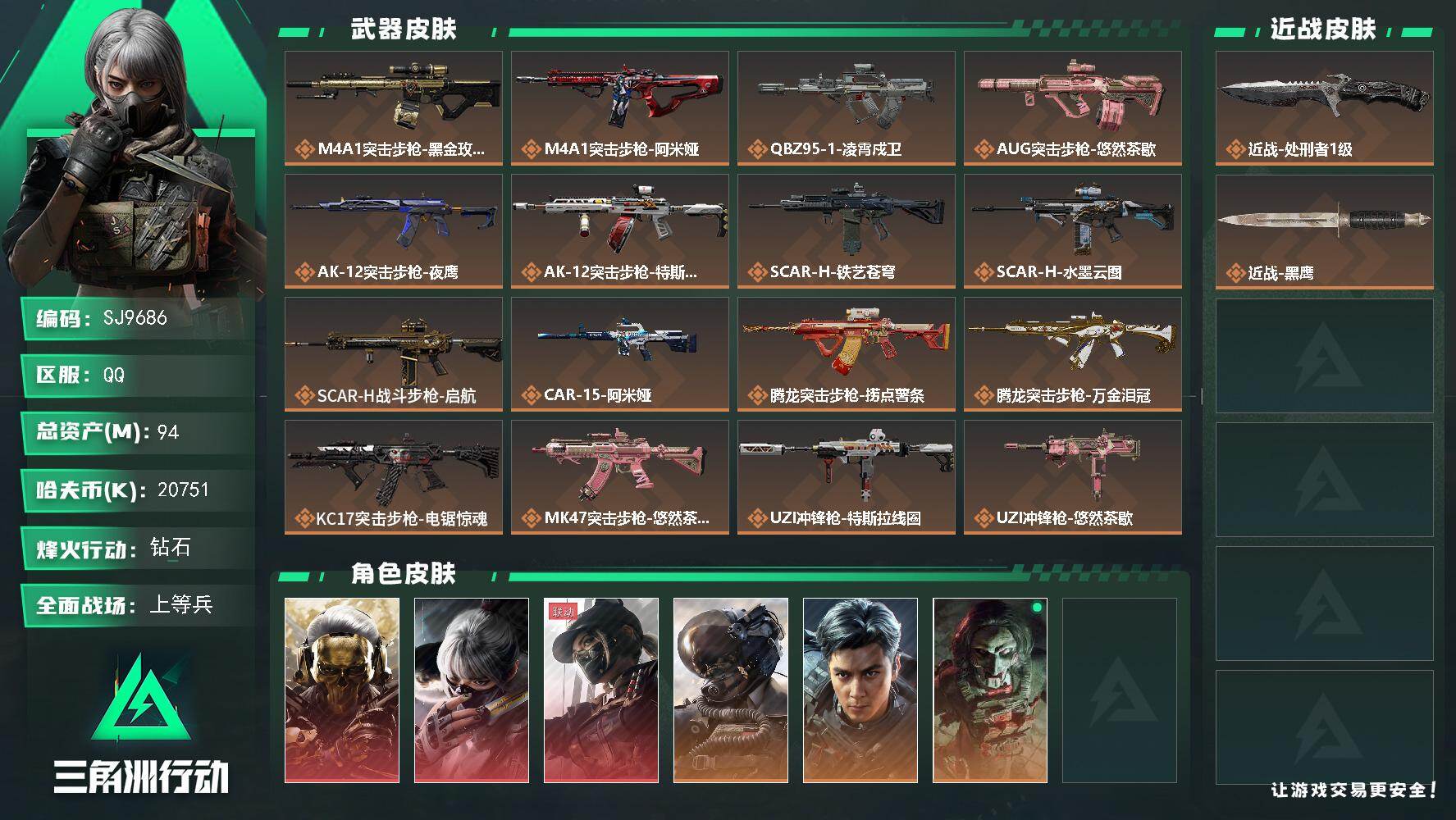 三角洲行动账号QQ【SJ9686】总资产(M)：94M/哈夫币(K)：20751K/哈夫币(K)：20751K/传说枪皮数：28/全面战场等级：23_段位：上等兵/烽火地带等级：60_段位：钻石/红狼-蚀金玫瑰/骇爪