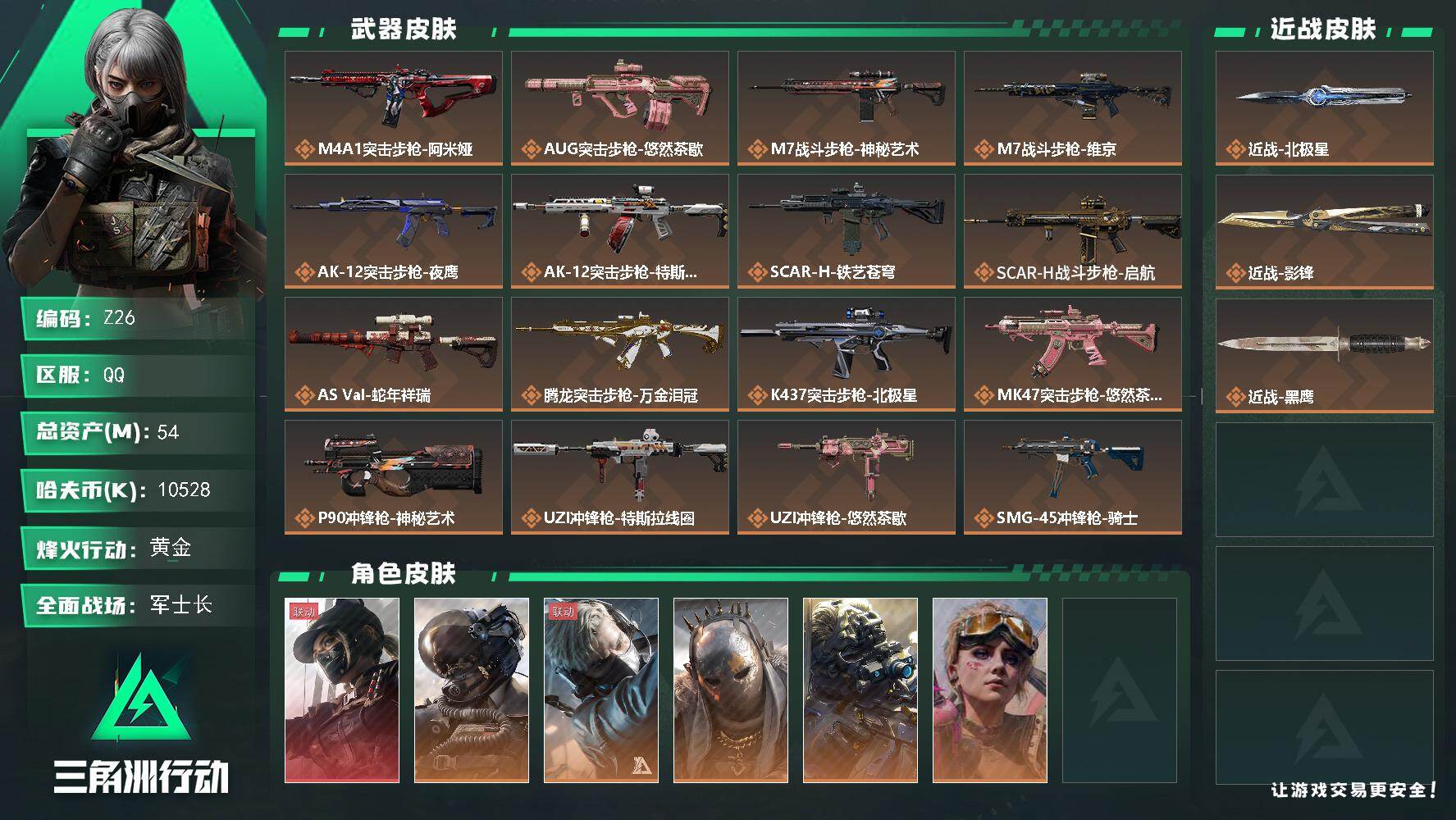 三角洲行动账号QQ【Z26】总资产(M)：54M/哈夫币(K)：10528K/哈夫币(K)：10528K/传说枪皮数：26/全面战场等级：50_段位：军士长/烽火地带等级：60_段位：黄金/露娜-黑·天际线/威龙-壮