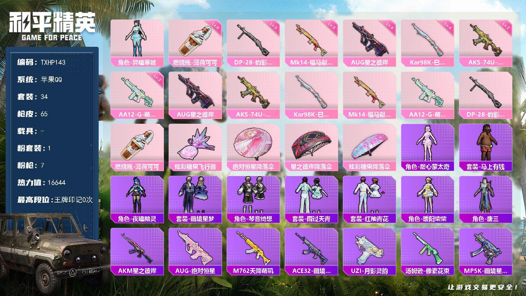 和平精英账号苹果QQ【TP143】苹果 手Q-1粉装-7特效枪-0载具-1粉色飞行器-16644热力值-0王牌印记-34