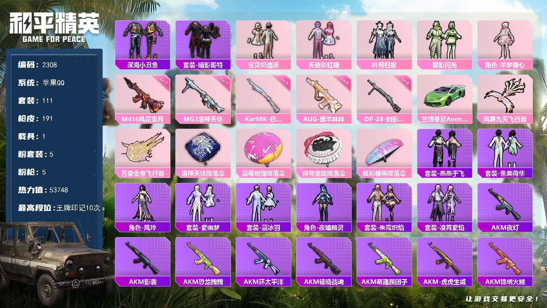 和平精英账号苹果QQ【2308】wj【身法素材号，秒登录，秒换绑定】苹果 手Q-5粉装-5特效枪-1载具-2粉色飞行器-53748热力值-10王牌印记-111套装-191枪皮
【热门品类】：套装-深海小丑鱼，套装-暗影哥