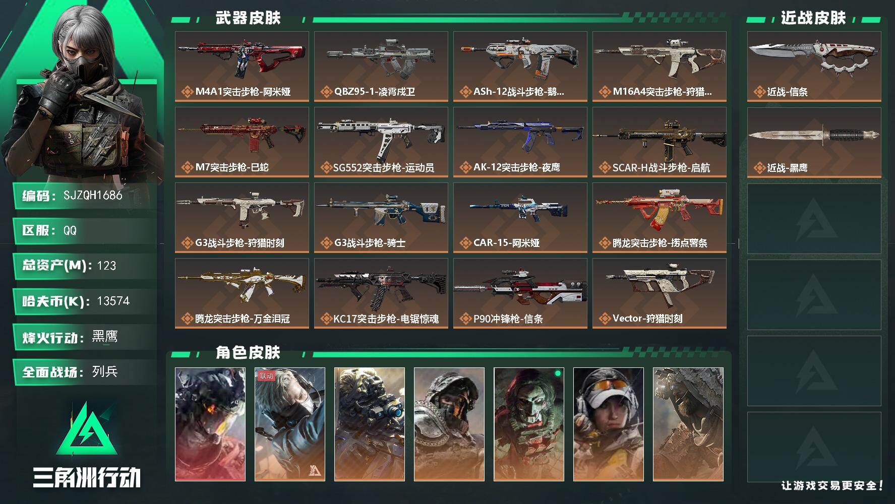 三角洲行动账号QQ【SJZQH1686】总资产(M)：123M/哈夫币(K)：13574K/哈夫币(K)：13574K/传说枪皮数：33/全面战场等级：12_段位：列兵/烽火地带等级：60_段位：黑鹰/威龙-凌霄戍卫