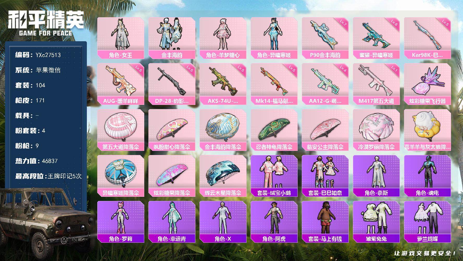 和平精英账号苹果微信【满地铁天赋】YXc27513-【无二次协助处理】【因赛季更新游戏段付以上号为准!】
 苹果V-4粉装10特效枪2热门104套装171枪皮 5印记 历史卓越王牌11星 
【4粉装】 女王 金丰海韵 异