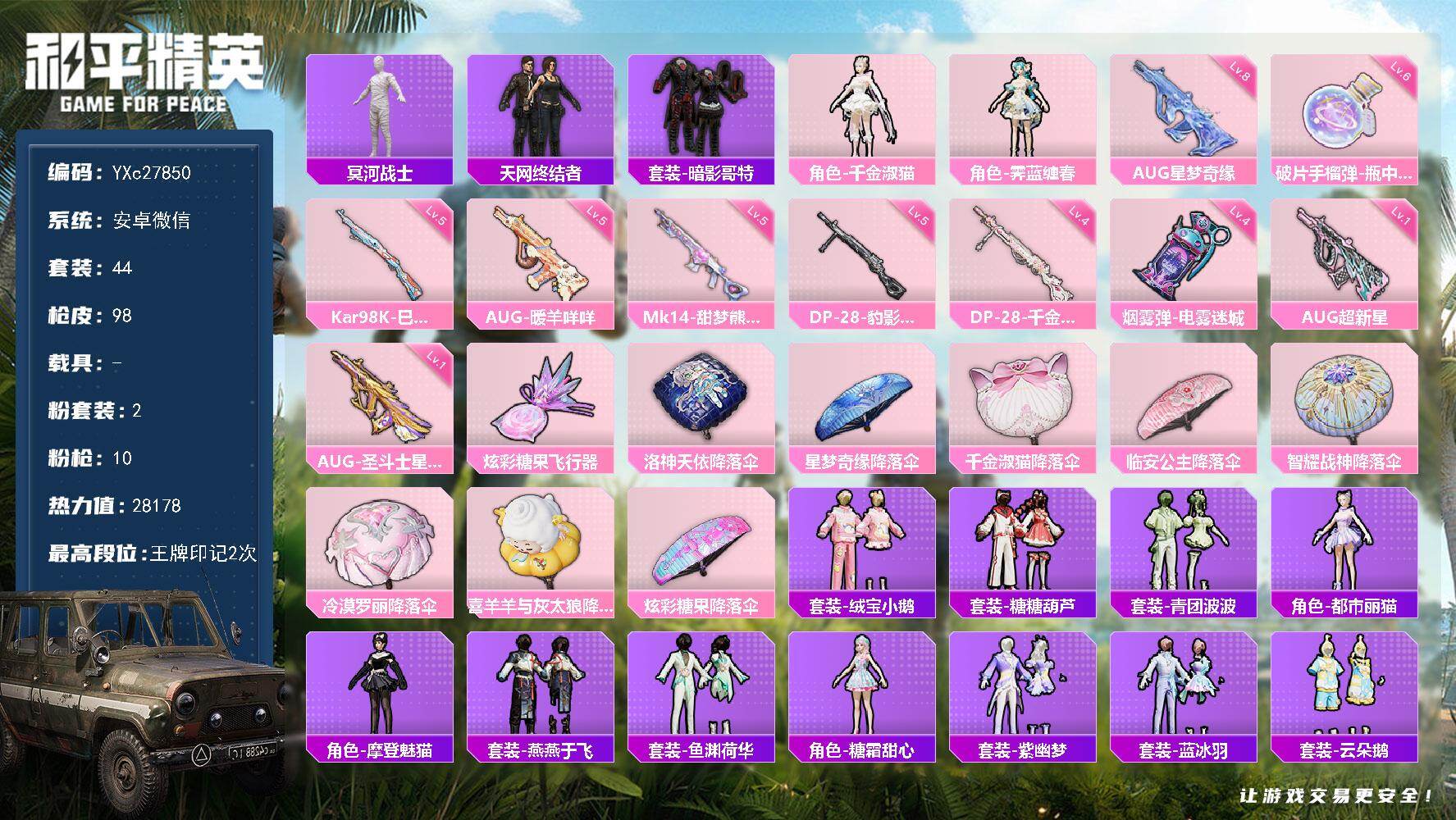 和平精英账号安卓微信【精氪号！木乃伊 天网 8级AUG星梦 粉熊包 哥特 满地铁天赋】YXc27850-【可二次】【因赛季更新游戏段付以上号为准!】
安卓V-2稀有1粉装10特效枪1热门44套装98枪皮 2w热力值 2印