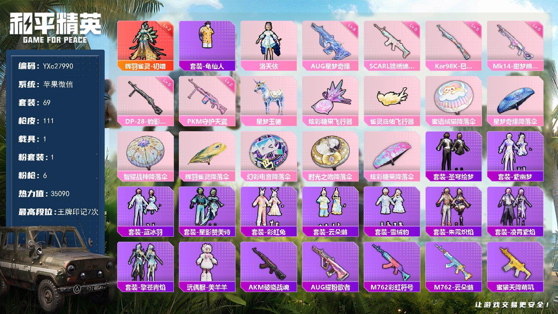 和平精英账号苹果微信【2级初翊 8级AUG星梦 满地铁天赋】YXc27990-【可二次】【因赛季更新游戏段付以上号为准!】
 苹果V-1红装1载具1粉装6特效枪3热门69套装111枪皮 7印记 历史绝世王牌21星 
【1