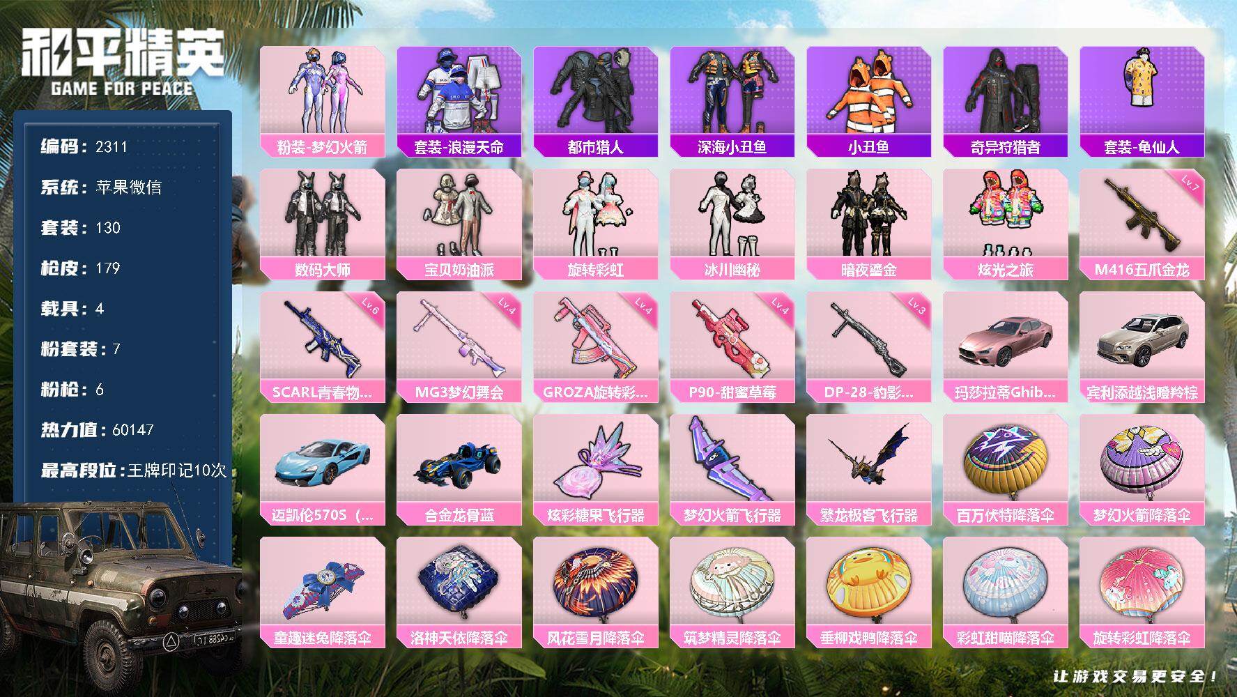 和平精英账号苹果微信【2311】【女号公主号身法号混搭素材号·7粉装6特效枪满级五爪金龙4载具3粉飞行器+10王牌印记·都市猎人·奇异狩猎者】
苹果 微信-7粉装-6特效枪-4载具-3粉色飞行器-60147热力值-10王