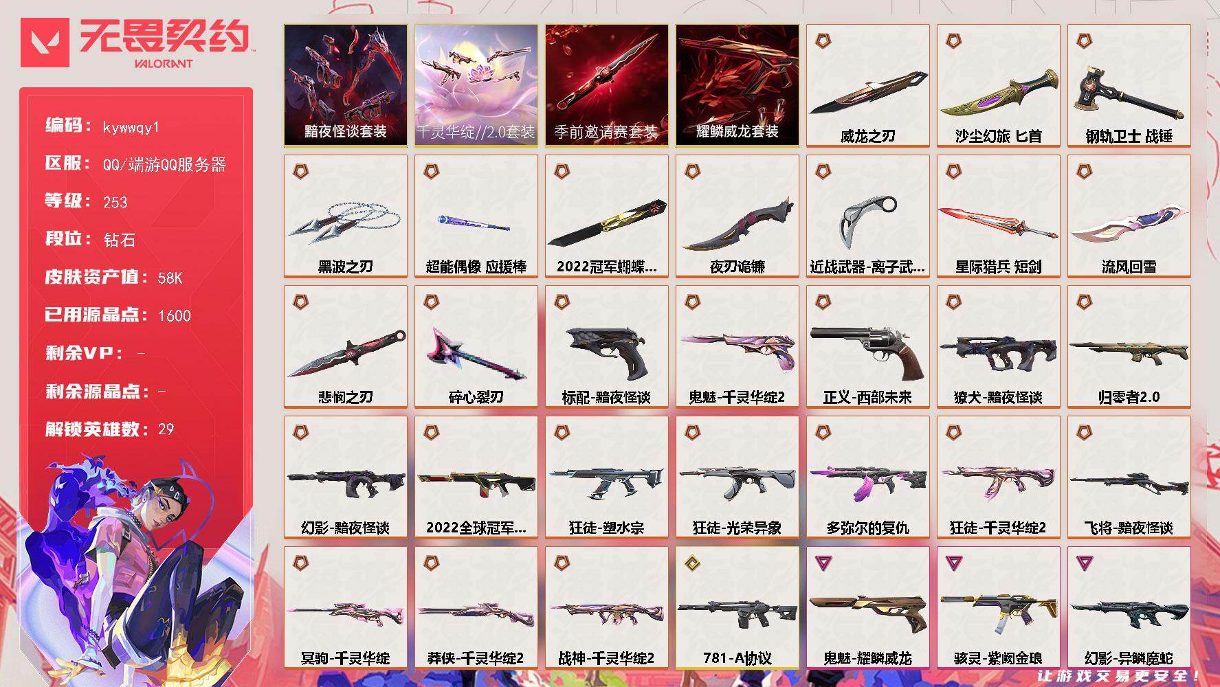 无畏契约账号QQ[18475767]【套装】：2022全球冠军赛套装，无畏契约季前邀请赛套装，千灵华绽//2.0套装，黯夜怪谈套装，耀鳞威龙套装
【英雄】：幻棱，炼狱，维斯，暮蝶，钛狐，壹决，铁臂，捷风，雷兹，幽影，