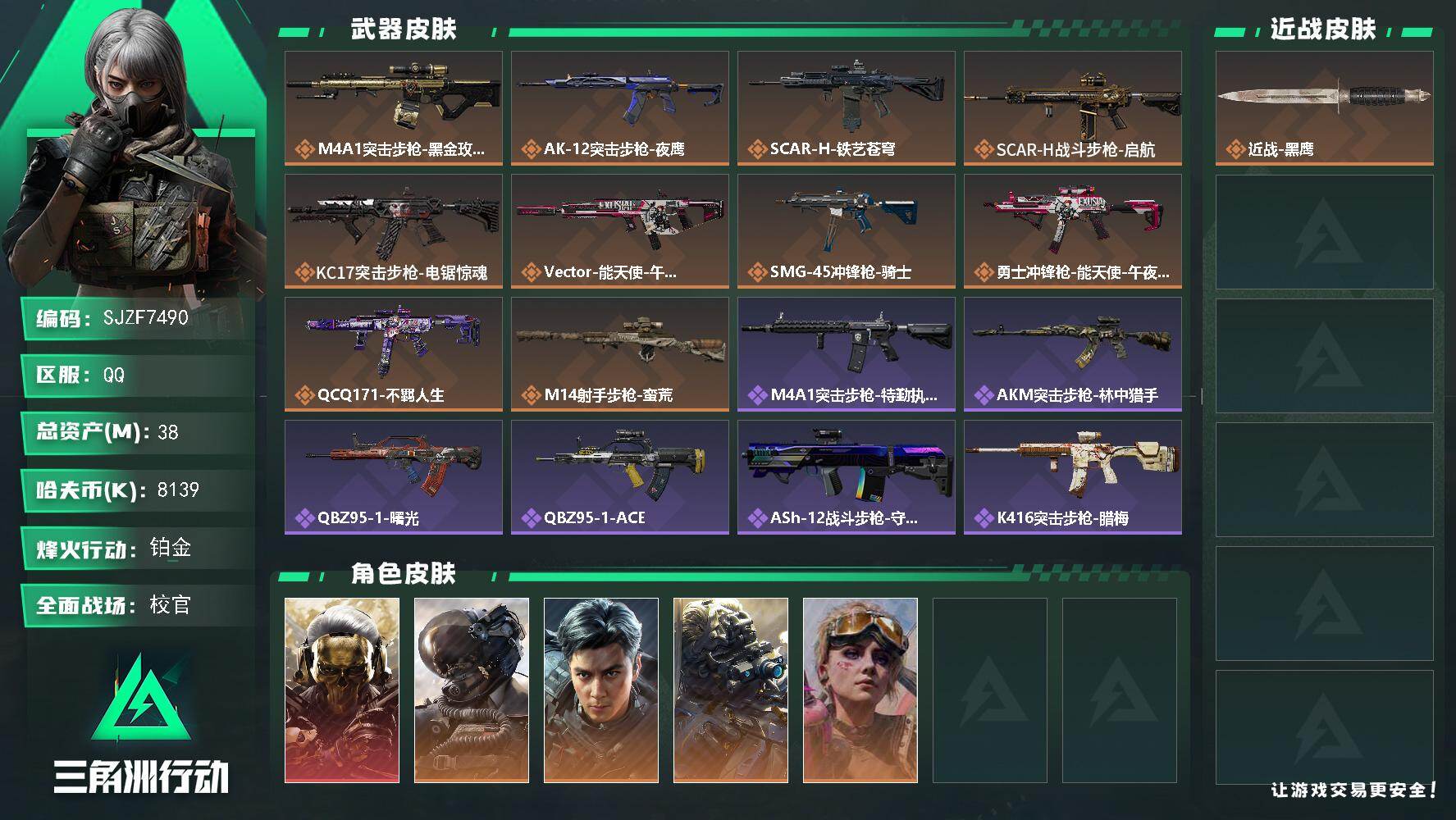三角洲行动账号QQ【SJZF7490】总资产(M)：38M/哈夫币(K)：8139K/哈夫币(K)：8139K/传说枪皮数：10/全面战场等级：46_段位：校官/烽火地带等级：60_段位：铂金/红狼-蚀金玫瑰/威龙-