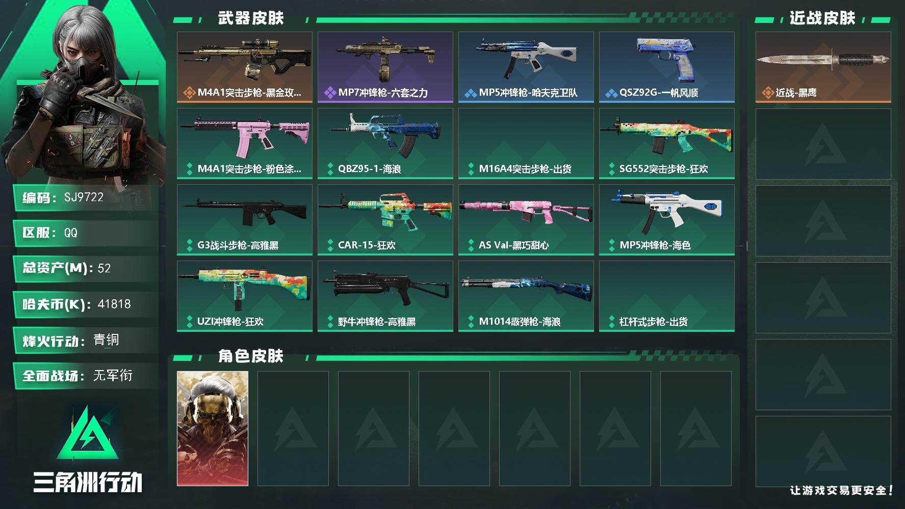 三角洲行动账号QQ【SJ9722】总资产(M)：52M/哈夫币(K)：41818K/哈夫币(K)：41818K/传说枪皮数：1/全面战场等级：1_段位：无段位/烽火地带等级：26_段位：青铜/红狼-蚀金玫瑰/近战-黑
