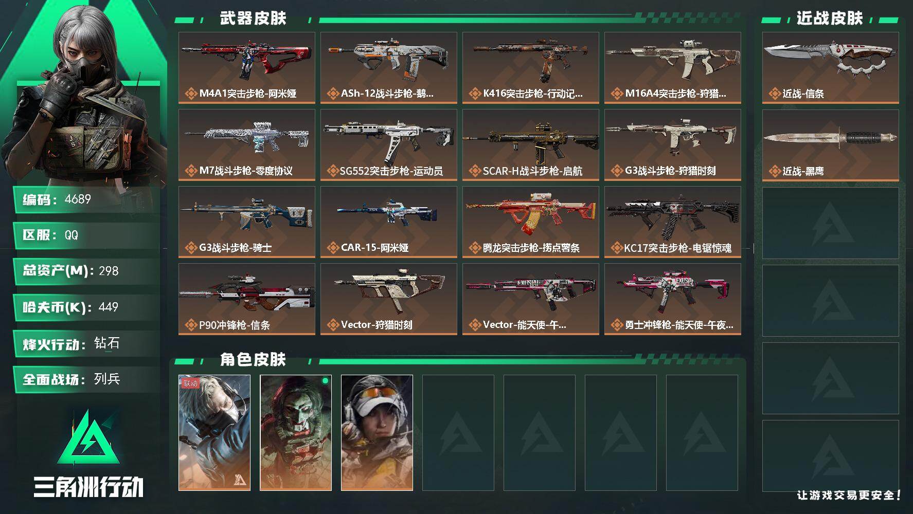 三角洲行动账号QQPX_2557920-298m总资产-449k哈夫币-60烽火等级-钻石-12战场等级-列兵
【干员外观】：蜂医-送葬人·无题密令，红狼-电锯惊魂，露娜-金牌射手
【近战皮肤】：近战-信条，