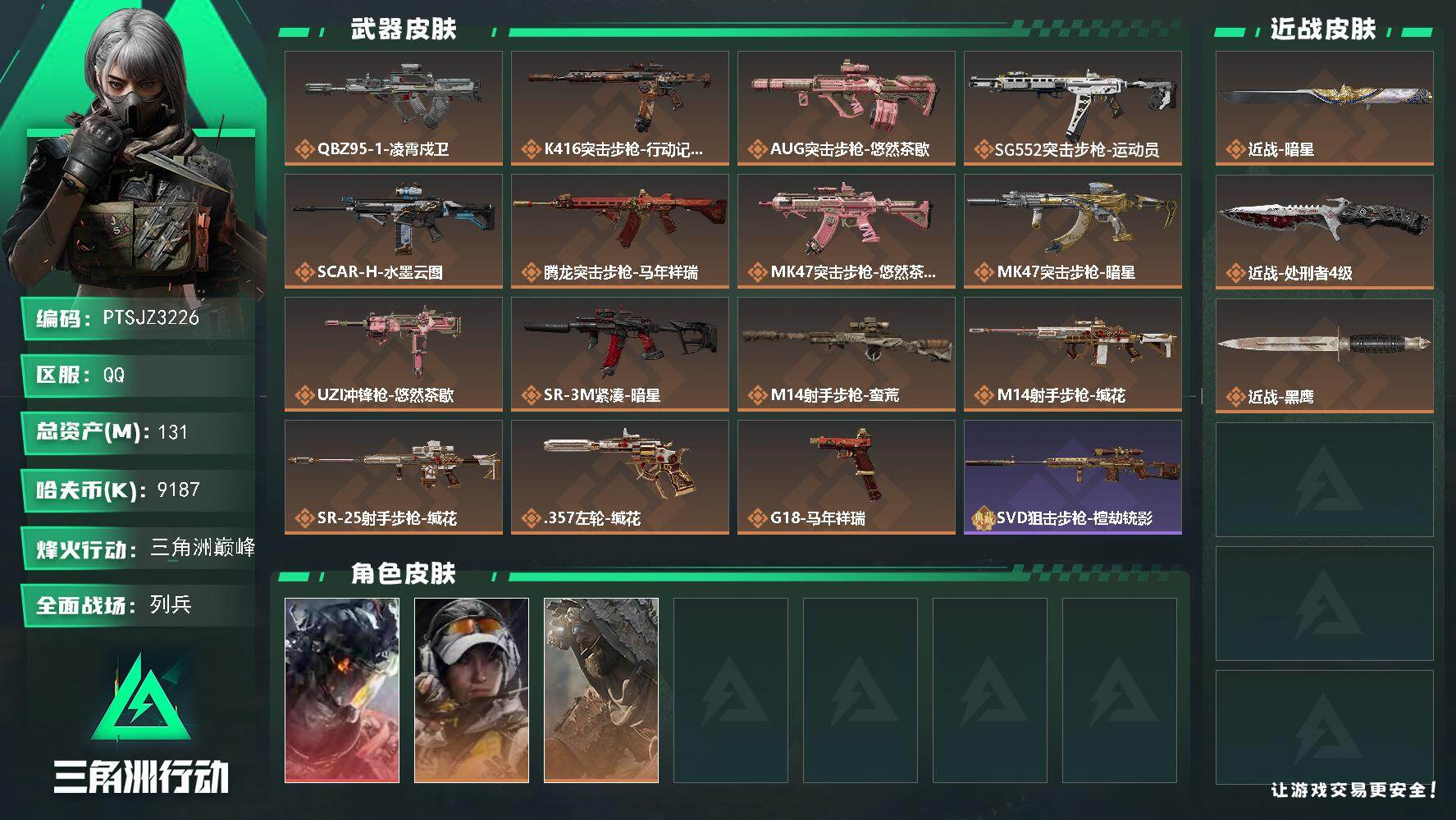 三角洲行动账号QQ【PTSJZ3226】总资产(M)：131M/哈夫币(K)：9187K/哈夫币(K)：9187K/传