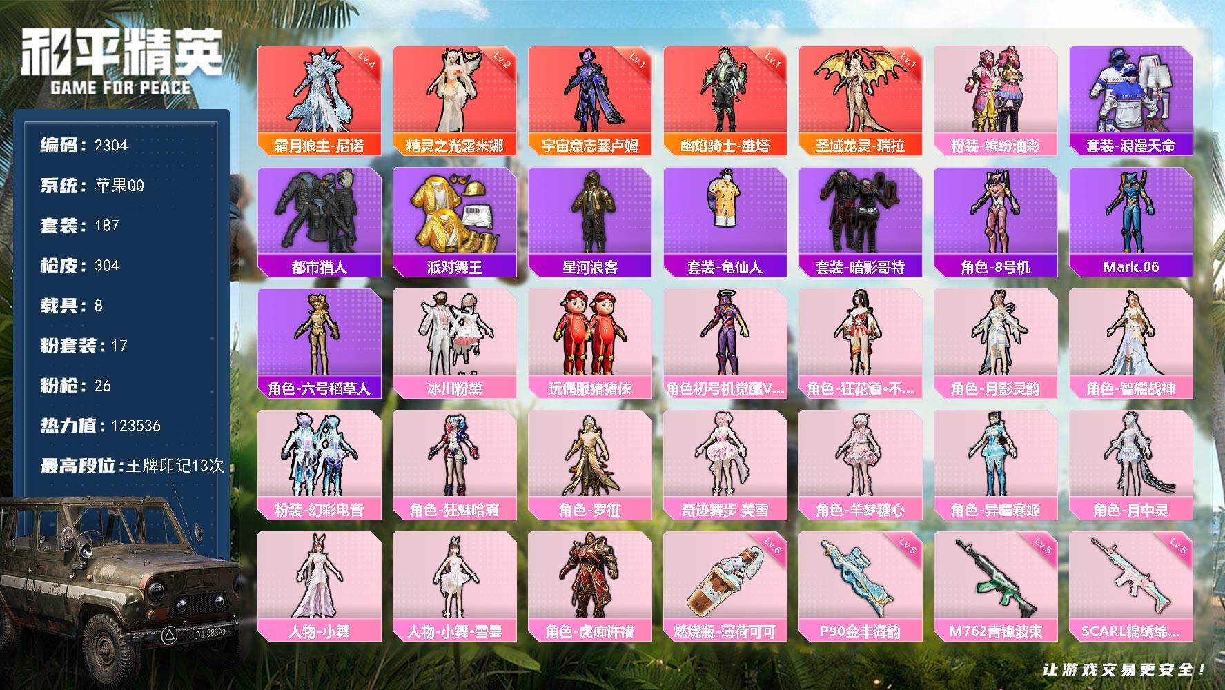 和平精英账号苹果QQ【2304】【极品男神女神身法素材号·4级狼王·5神装·猪妹·金鞋·都市猎人·aug星梦奇缘·超多9