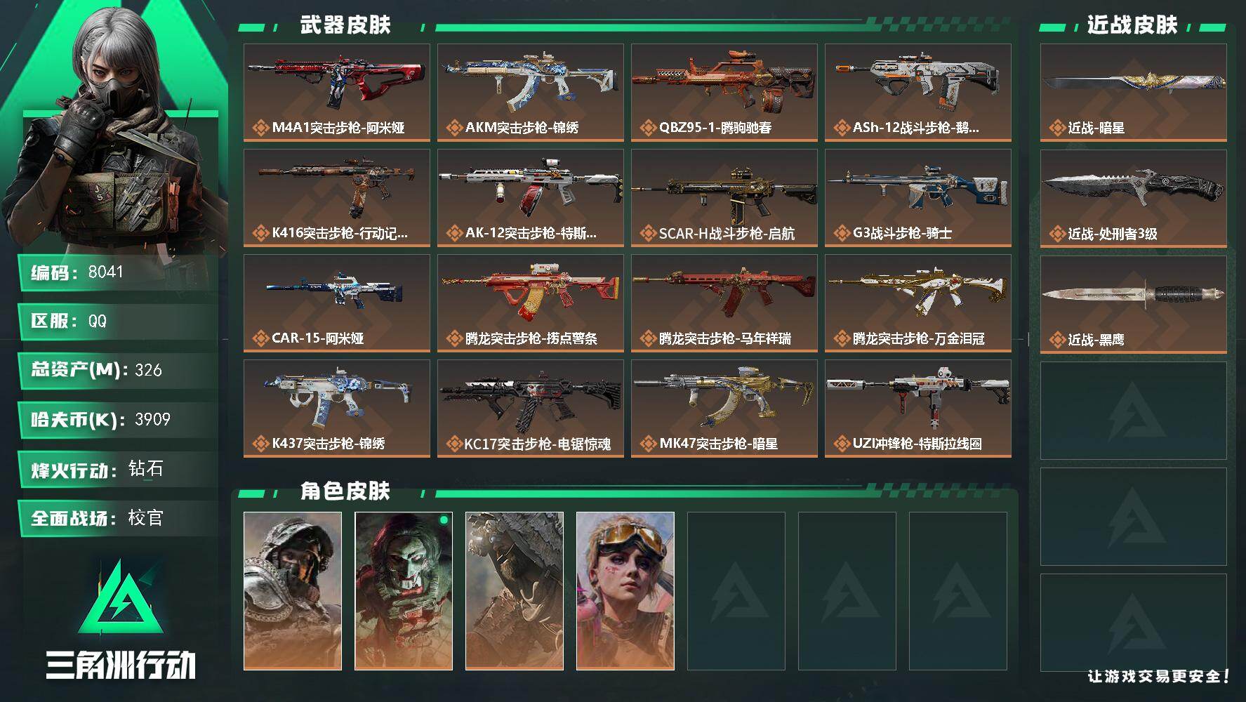三角洲行动账号QQ总资产(M)：326M/哈夫币(K)：3909K/哈夫币(K)：3909K/传说枪皮数：34/全面战场等级：50_段位：校官/烽火地带等级：60_段位：钻石/深蓝-不破誓约/红狼-电锯惊魂/乌鲁鲁-荒