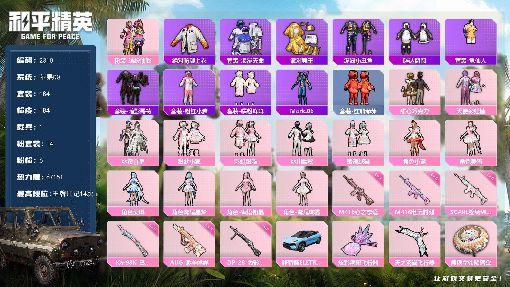 和平精英账号苹果QQ【2310】wj【巧克力 金鞋 小丑鱼 小狐 满级心之恋语 番茄 胖达 双马尾 哥特】苹果 手Q-1