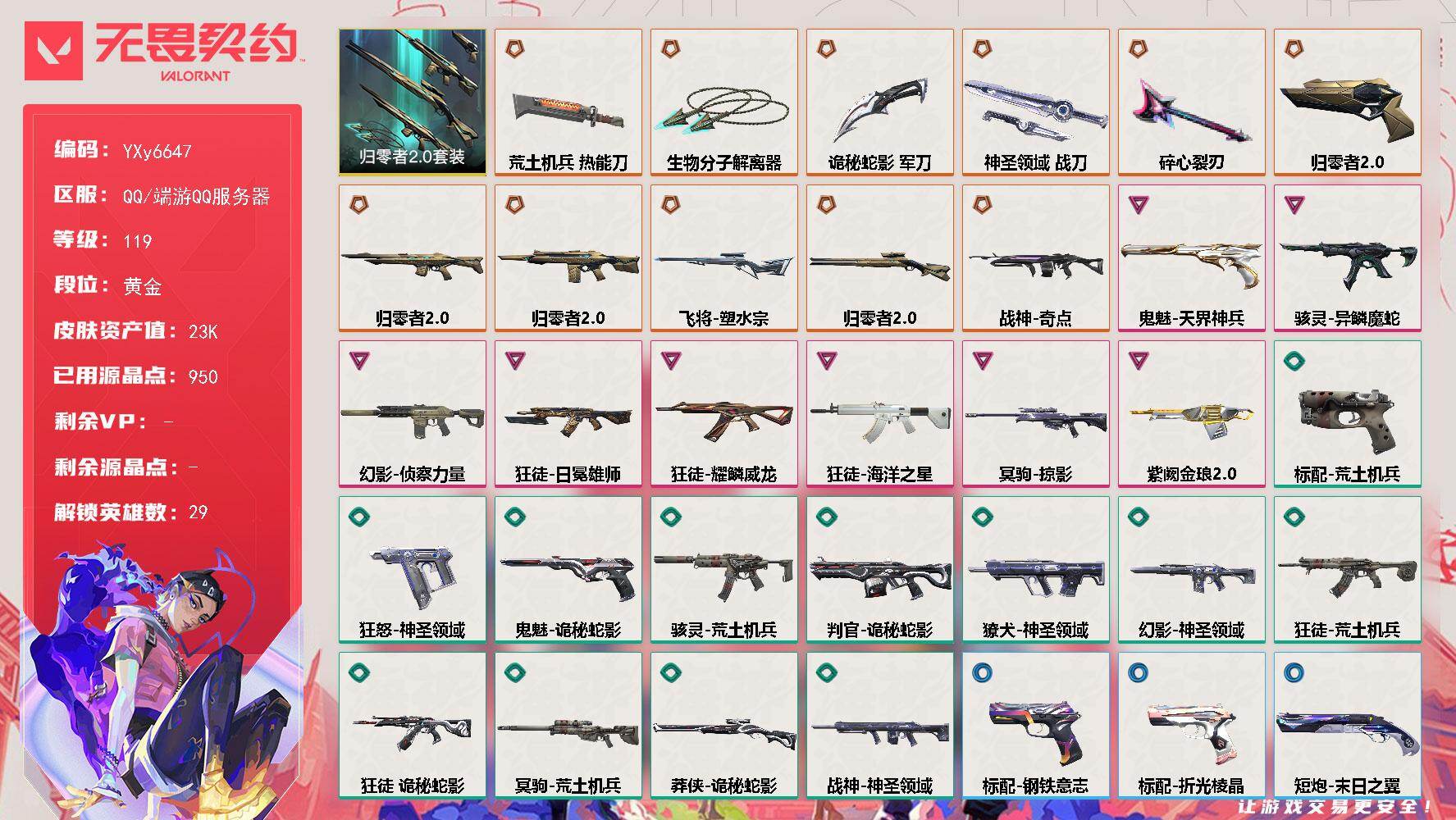 无畏契约账号QQ【2.3万库存.归零者套.生物分子解离器.碎心裂刃.威龙.日冕雄师.侦察】YXy6647【无二次】[因赛季更新游戏段付以上号为准]
【套装】：归零者//2.0套装
【英雄】：幻棱，炼狱，维斯，暮蝶，钛