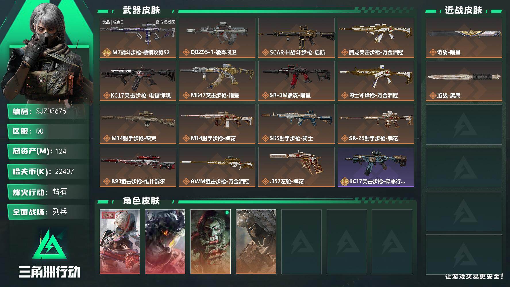 三角洲行动账号QQ【SJZD3676】总资产(M)：124M/哈夫币(K)：22407K/哈夫币(K)：22407K/