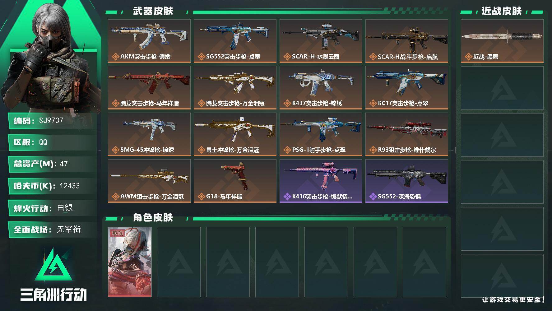 三角洲行动账号QQ【SJ9707】总资产(M)：47M/哈夫币(K)：12433K/哈夫币(K)：12433K/传说枪皮数：14/全面战场等级：1_段位：无段位/烽火地带等级：60_段位：白银/骇爪-维什戴尔/近战-