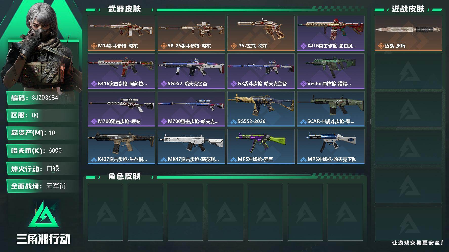 三角洲行动账号QQ【SJZD3684】总资产(M)：10M/哈夫币(K)：6000K/哈夫币(K)：6000K/传说枪皮数：3/全面战场等级：1_段位：无段位/烽火地带等级：41_段位：白银/近战-黑鹰/M14射手步