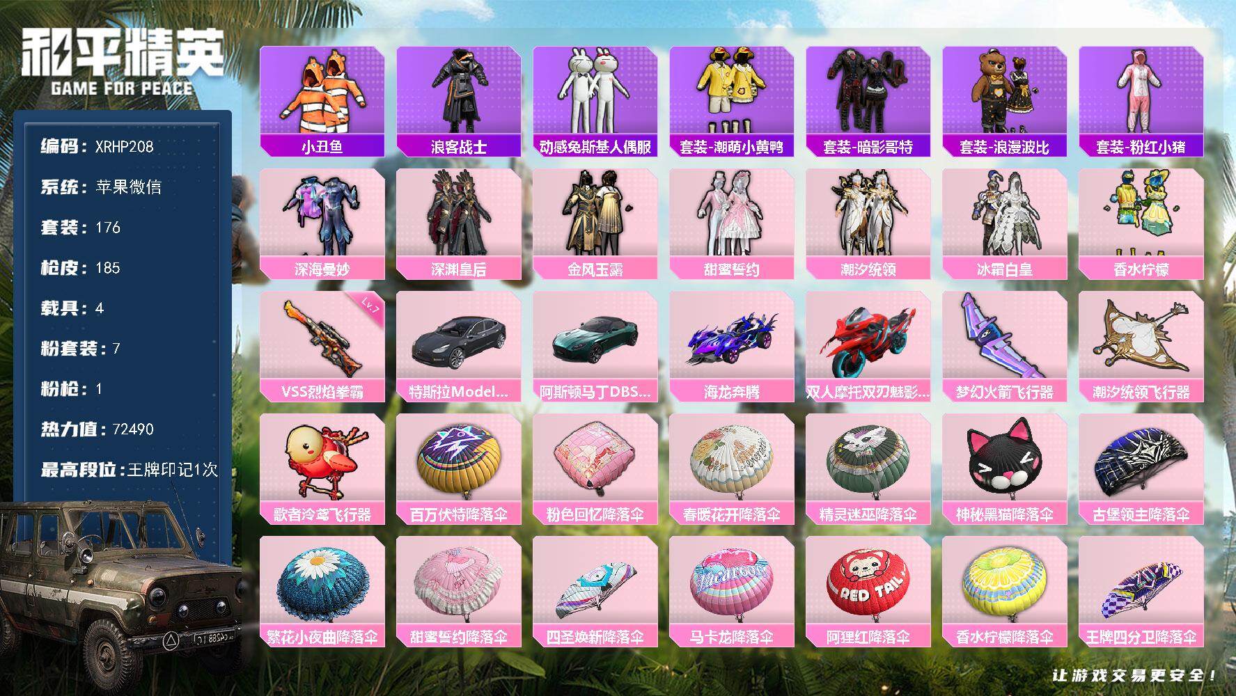 和平精英账号苹果微信【XRHP208】粉装7/粉枪1/载具4/珍稀飞行器72237,72254,72271/套装176/枪皮185/热力值72490/历史最高段位:王牌印记1次/Lv:67/七级VSS-烈焰拳霸/小丑鱼