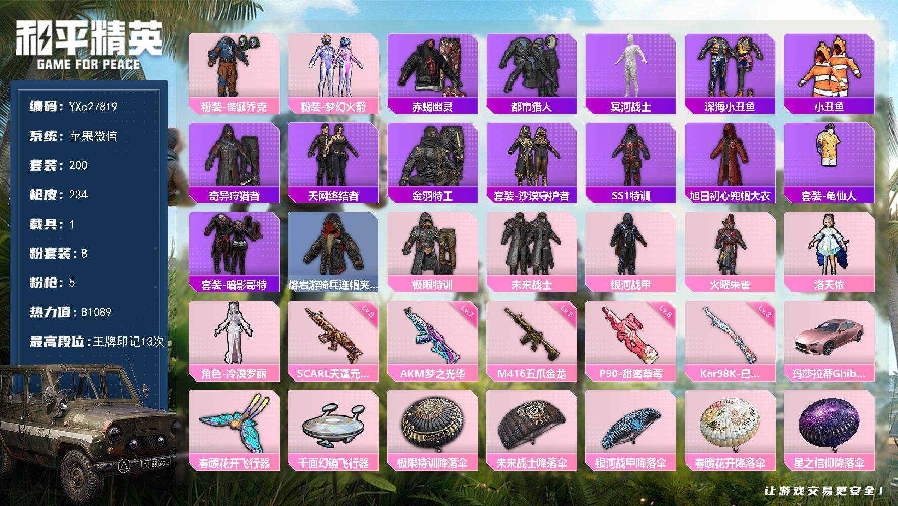 和平精英账号苹果微信【素材号！木乃伊 赤蝎 都市 天网 新101 怪诞 极限特训 满级四噶天蓬 碟中谍A 黑丝 哥特】YXc27819-【无二次】【因赛季更新游戏段付以上号为准!】
 苹果V-9稀有1载具8粉装5特效枪2