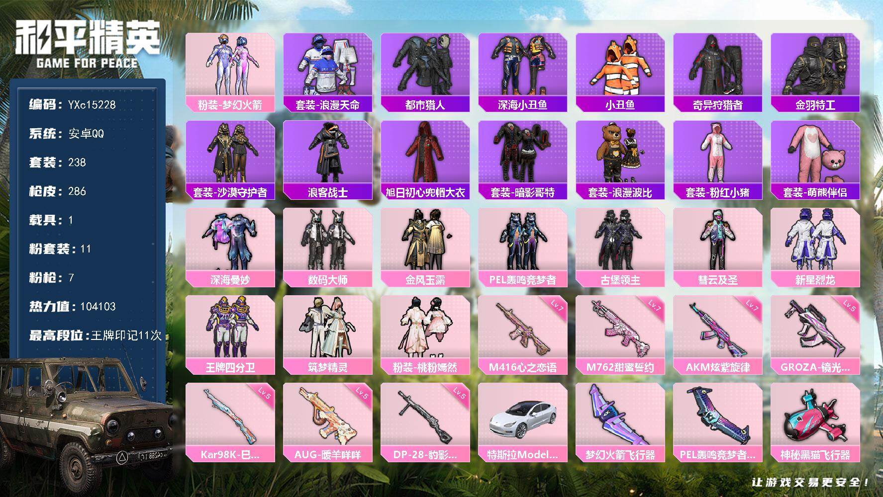 和平精英账号安卓QQYXc15228-【可二次】【因赛季更新游戏段付以上号为准!】
 安卓Q-5稀有1载具11粉装7特效枪51热门238套装286枪皮  11印记 历史超级王牌15星 
【5稀有】 奇异狩猎者 AKM-缤