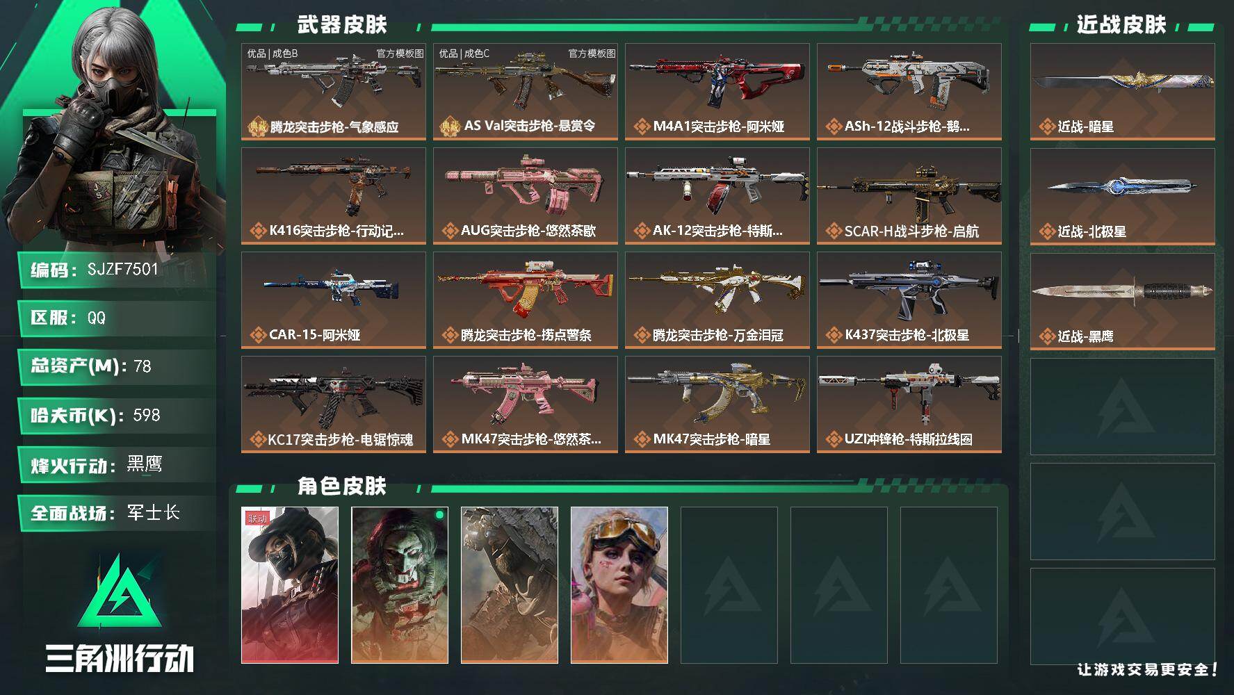 三角洲行动账号QQ【SJZF7501】总资产(M)：78M/哈夫币(K)：598K/哈夫币(K)：598K/传说枪皮数：35/全面战场等级：50_段位：军士长/烽火地带等级：60_段位：黑鹰/露娜-黑·天际线/红狼-