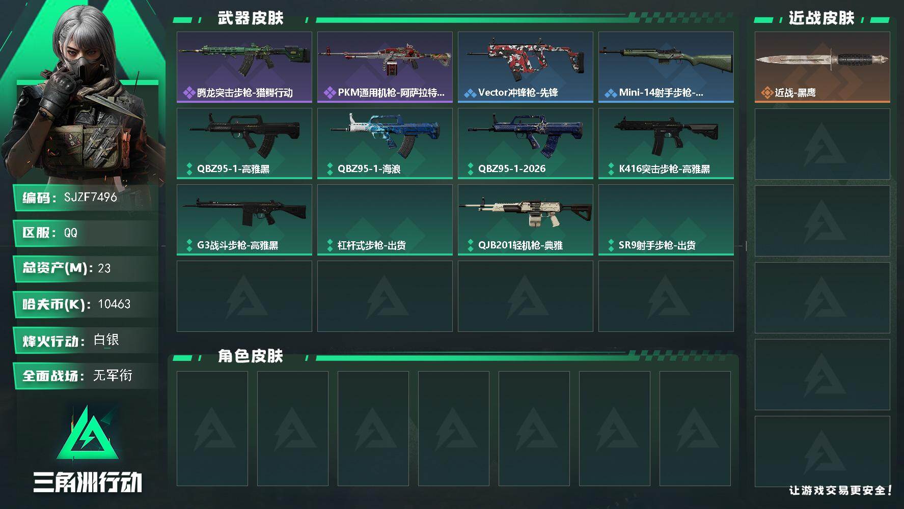 三角洲行动账号QQ【SJZF7496】总资产(M)：23M/哈夫币(K)：10463K/哈夫币(K)：10463K/全面战场等级：1_段位：无段位/烽火地带等级：30_段位：白银/近战-黑鹰/腾龙突击步枪-猎鳄行动/
