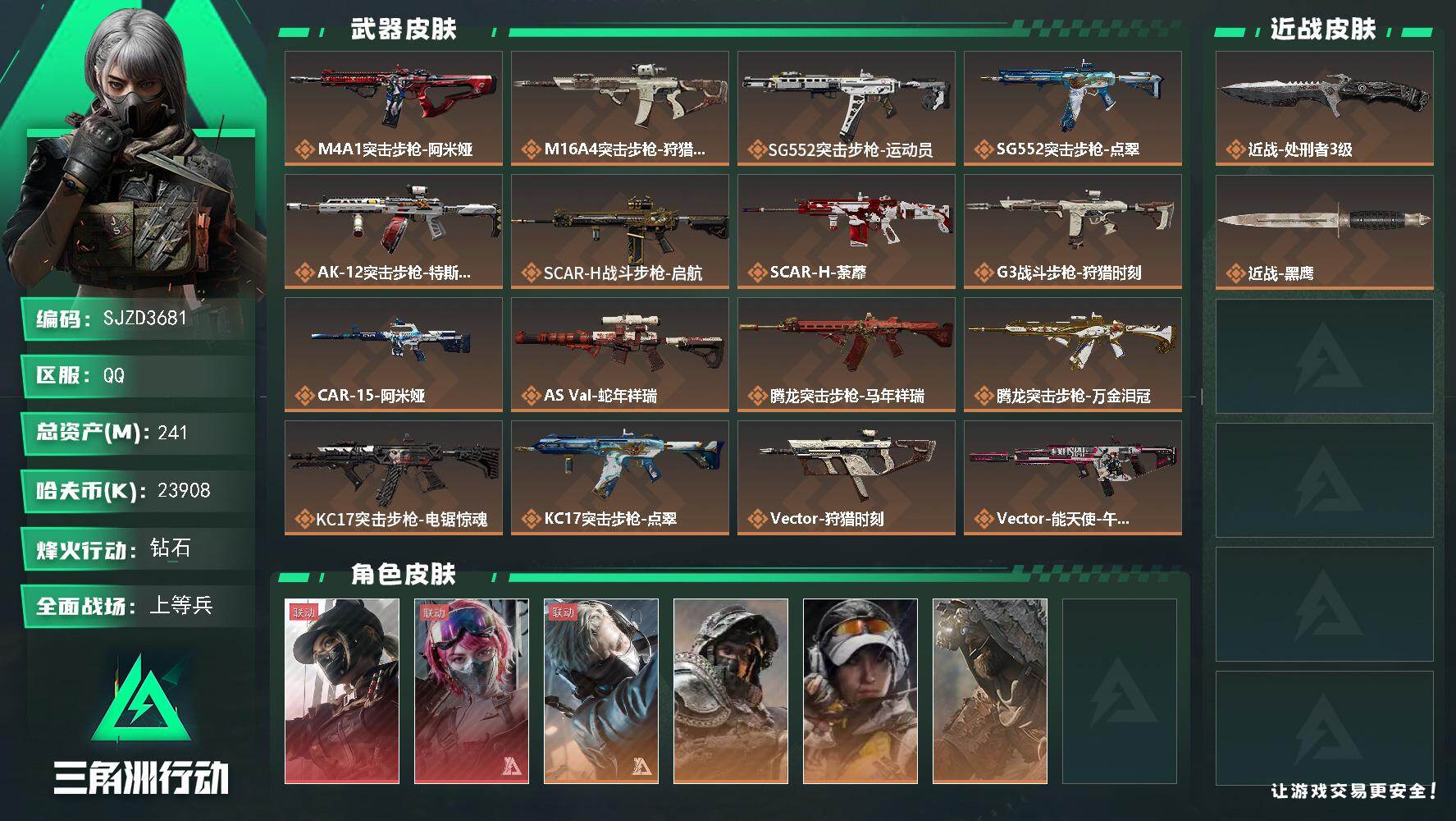 三角洲行动账号QQ【SJZD3681】总资产(M)：241M/哈夫币(K)：23908K/哈夫币(K)：23908K/传说枪皮数：29/全面战场等级：20_段位：上等兵/烽火地带等级：60_段位：钻石/露娜-黑·天际