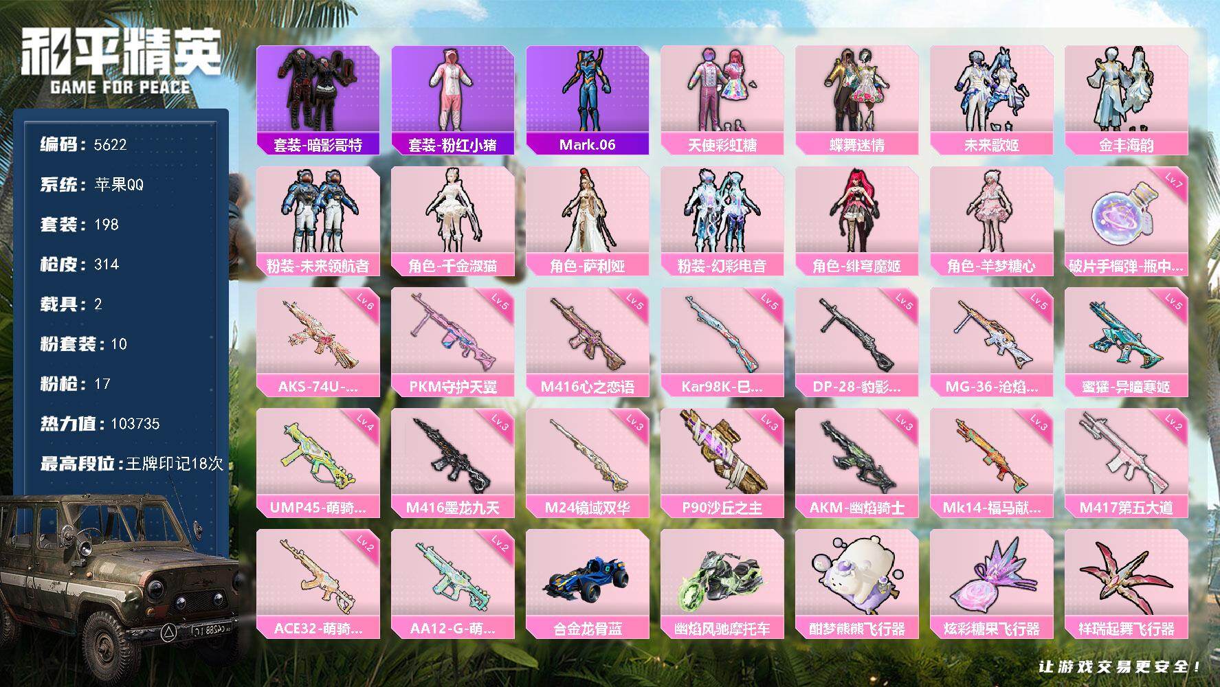 和平精英账号苹果QQ198套装/枪械17/装备466/载具2/战备251/王牌印记18/热力值/三级AKM-幽焰骑士/五级M416-心之恋语/三级M416-墨龙九天/五级蜜獾-异瞳寒姬/二级ACE32-萌骑漫游/四级UM