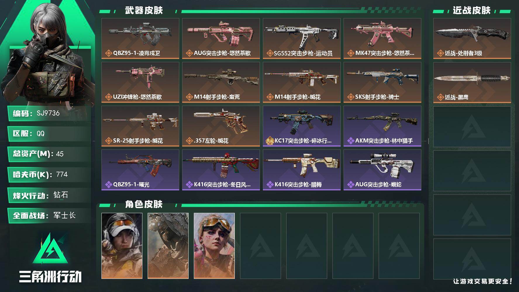 三角洲行动账号QQ【SJ9736】总资产(M)：45M/哈夫币(K)：774K/哈夫币(K)：774K/传说枪皮数：10/全面战场等级：36_段位：军士长/烽火地带等级：60_段位：钻石/露娜-金牌射手/乌鲁鲁-荒原