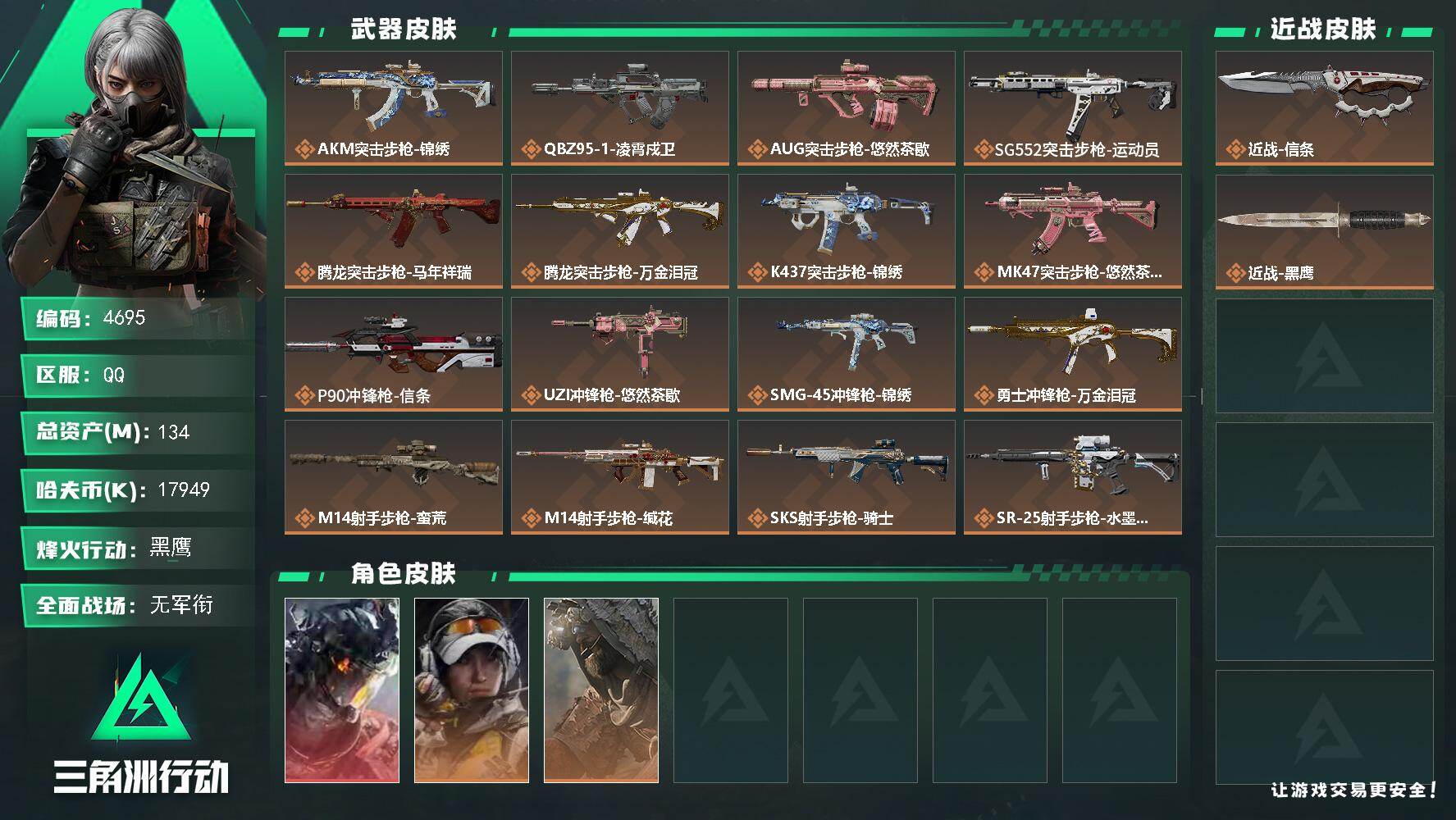 三角洲行动账号QQPX_2557966-134m总资产-17949k哈夫币-60烽火等级-黑鹰-1战场等级-无军衔
【干员外观】：威龙-凌霄戍卫，露娜-金牌射手，乌鲁鲁-荒原猎手
【近战皮肤】：近战-信条，近