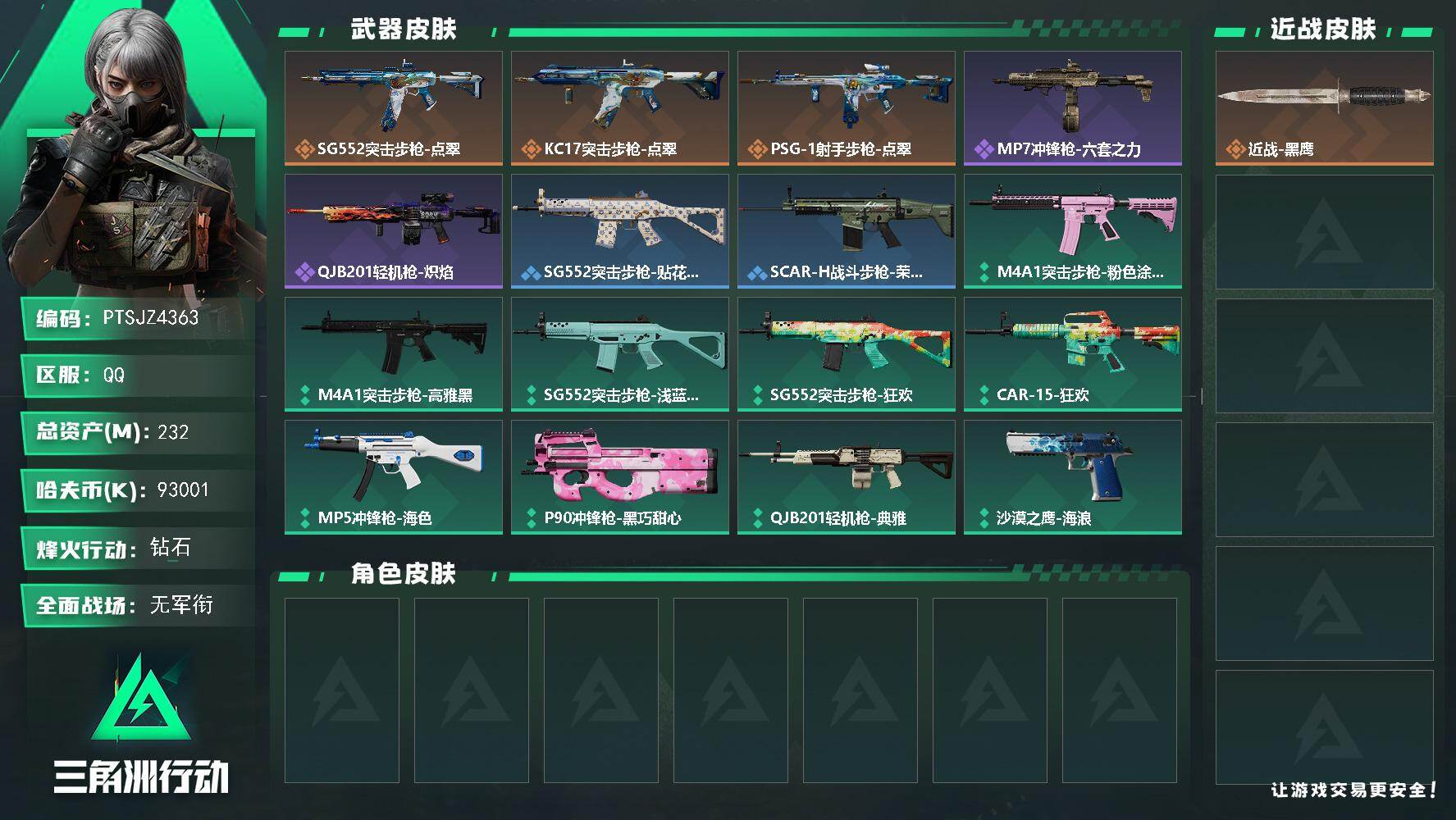 三角洲行动账号QQ【PTSJZ4363】总资产(M)：232M/哈夫币(K)：93001K/哈夫币(K)：93001K