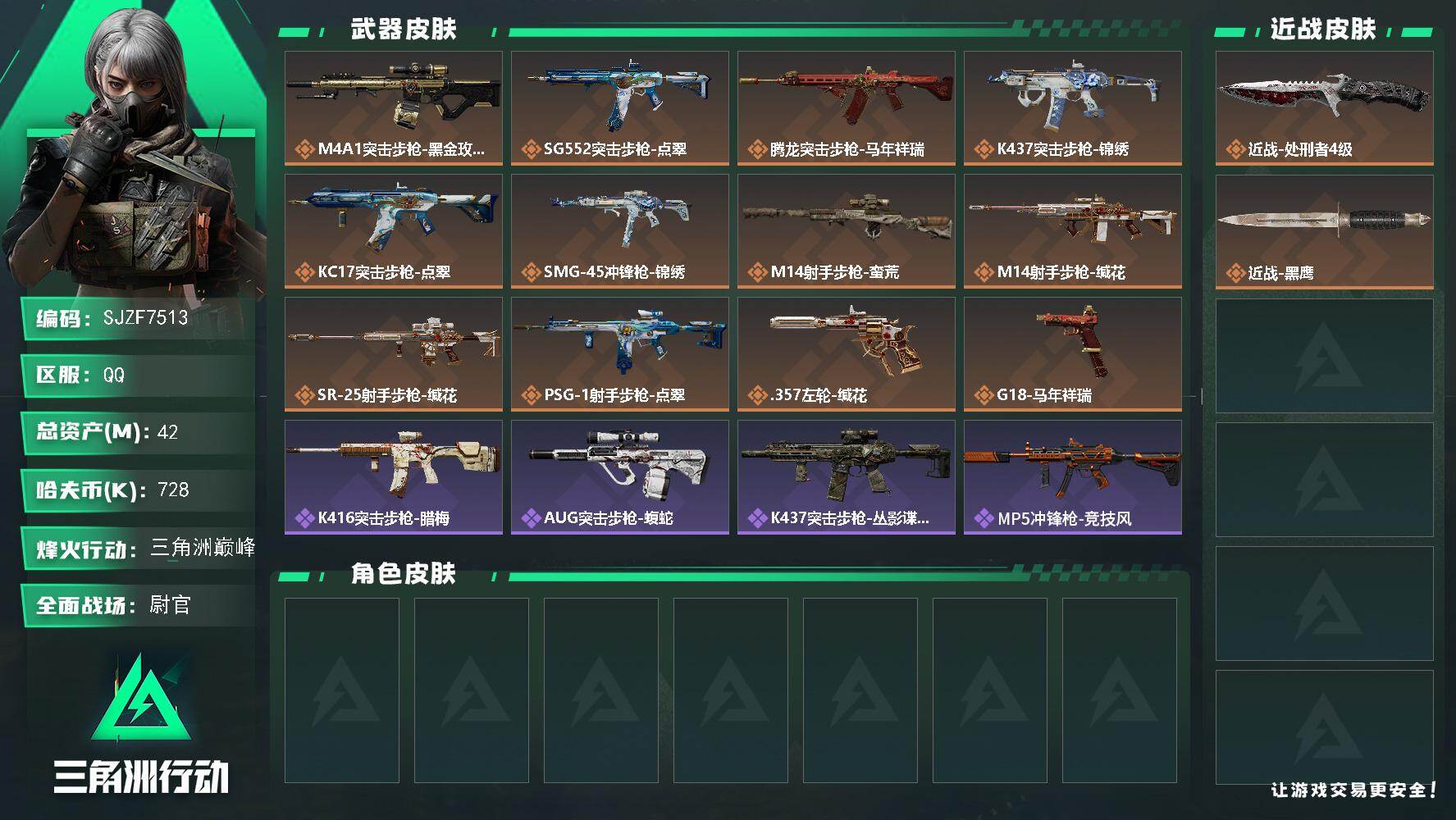 三角洲行动账号QQ【SJZF7513】总资产(M)：42M/哈夫币(K)：728K/哈夫币(K)：728K/传说枪皮数：12/全面战场等级：33_段位：尉官/烽火地带等级：60_段位：三角洲巅峰/近战-处刑者4级/近