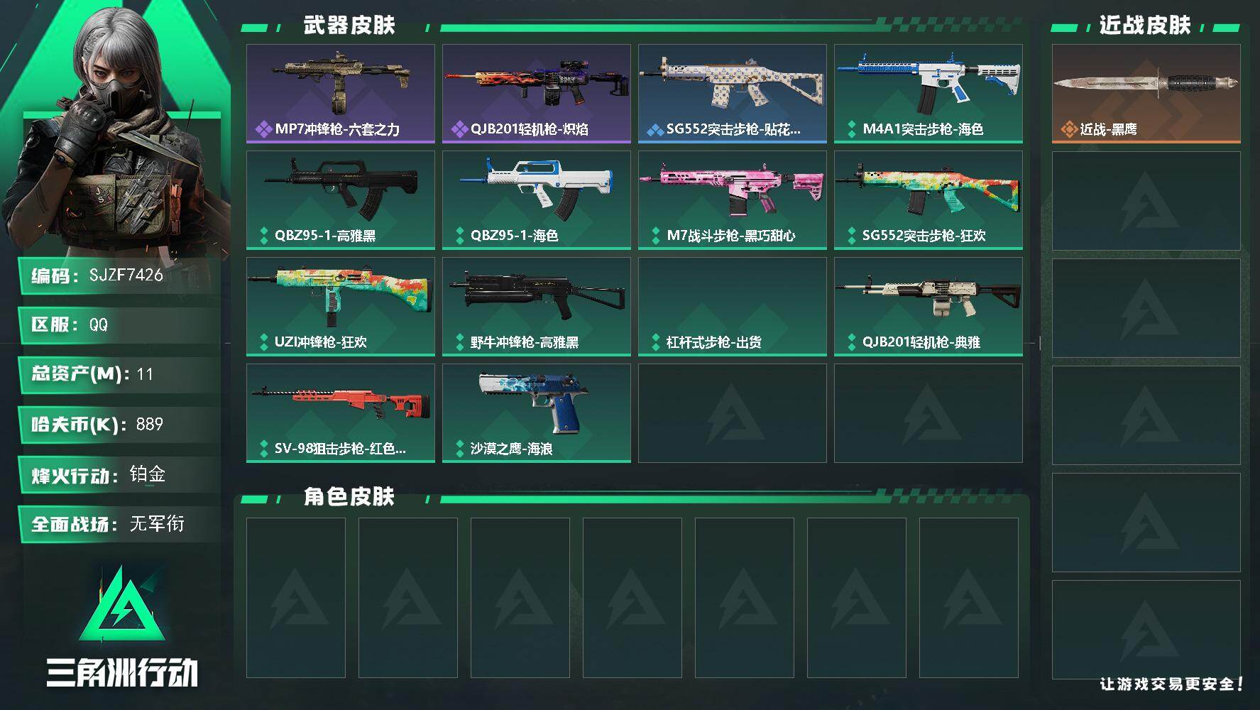 三角洲行动账号QQ【SJZF7426】总资产(M)：11M/哈夫币(K)：889K/哈夫币(K)：889K/全面战场等级：1_段位：无段位/烽火地带等级：30_段位：铂金/近战-黑鹰/MP7冲锋枪-六套之力/QJB2