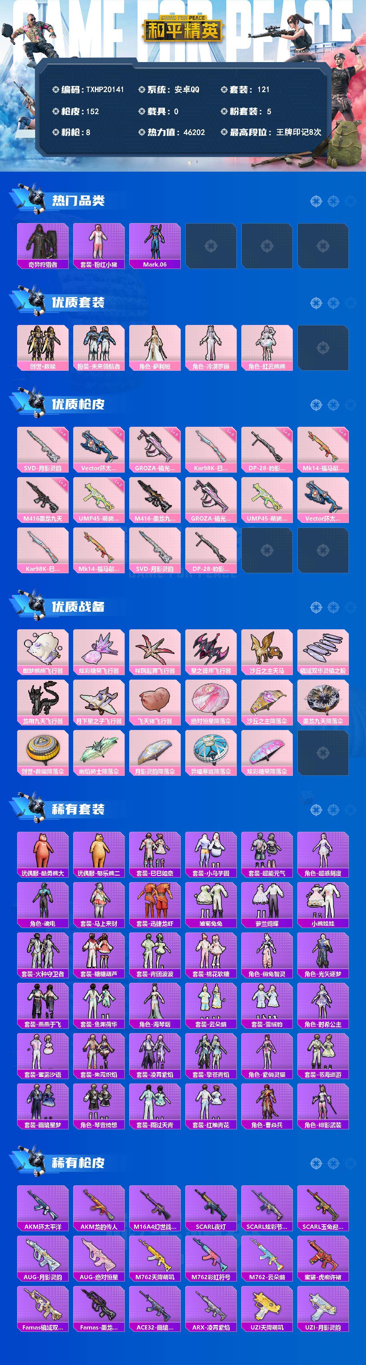 和平精英账号安卓QQ0载具-121套装-152枪皮-【TXHP20141】安卓 手Q-5粉装-8特效枪-0载具-9粉色飞行器-46202热力值-8王牌印记-121套装-152枪皮
【热门品类】：套装-奇异狩猎者，套装-粉