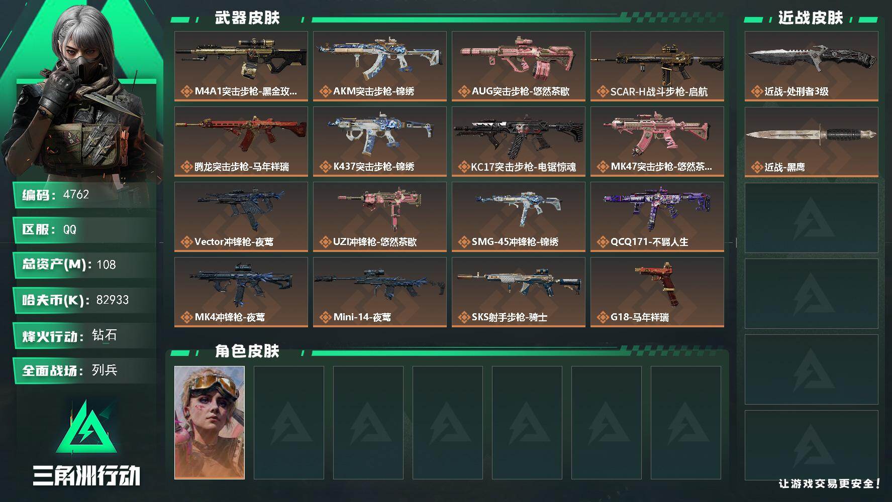 三角洲行动账号QQPX_2558551-108m总资产-82933k哈夫币-60烽火等级-钻石-14战场等级-列兵
【干员外观】：蛊-不羁人生
【近战皮肤】：近战-处刑者3级，近战-黑鹰
【传说外观】：M4A